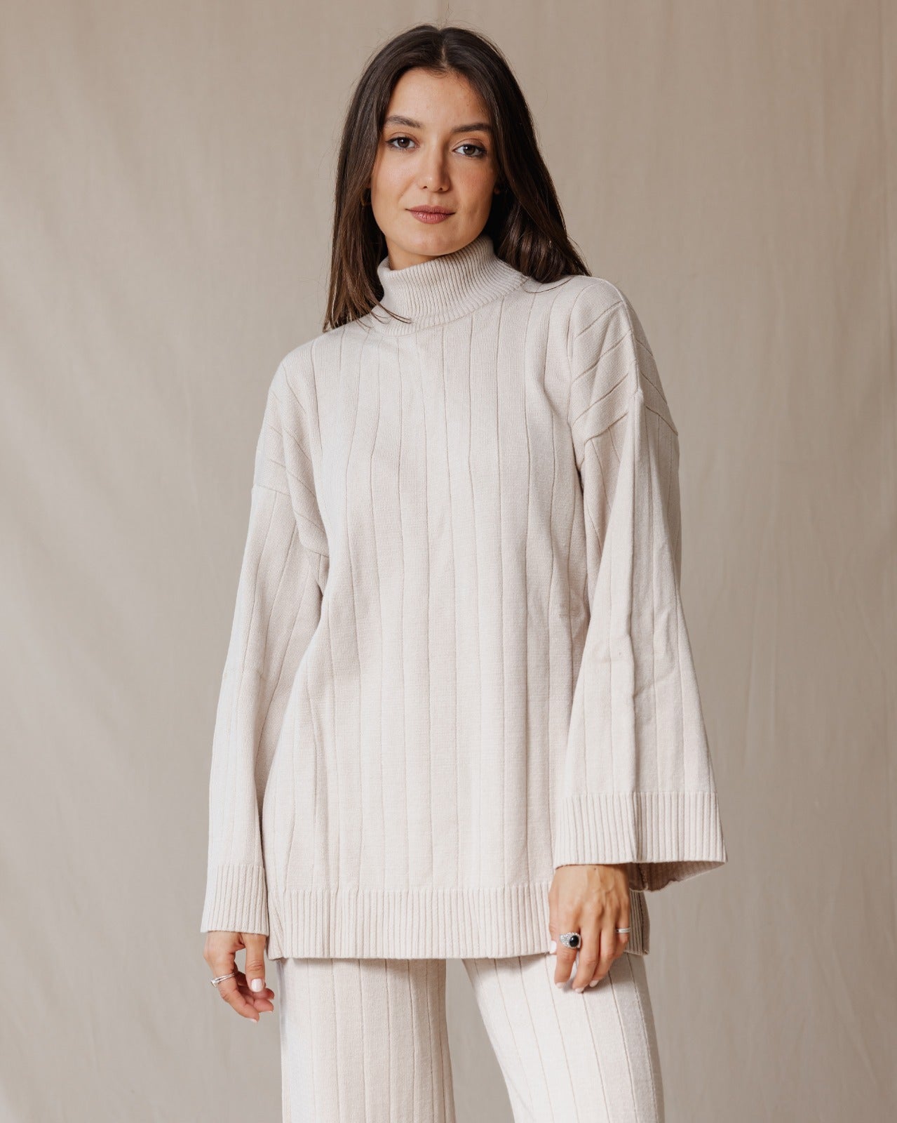 Turtleneck Knit Set Beige