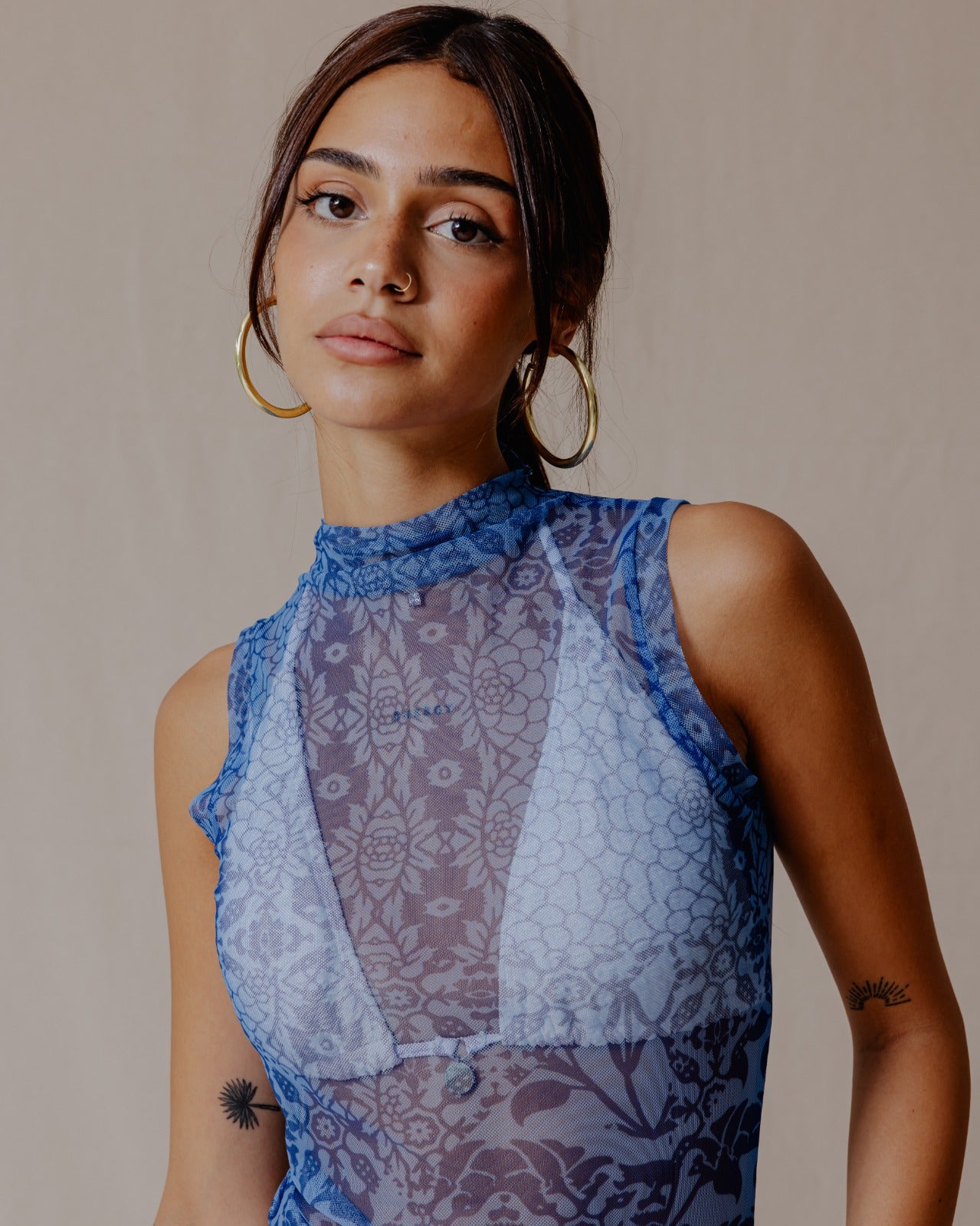 Floral Fusion Mesh Top Blue