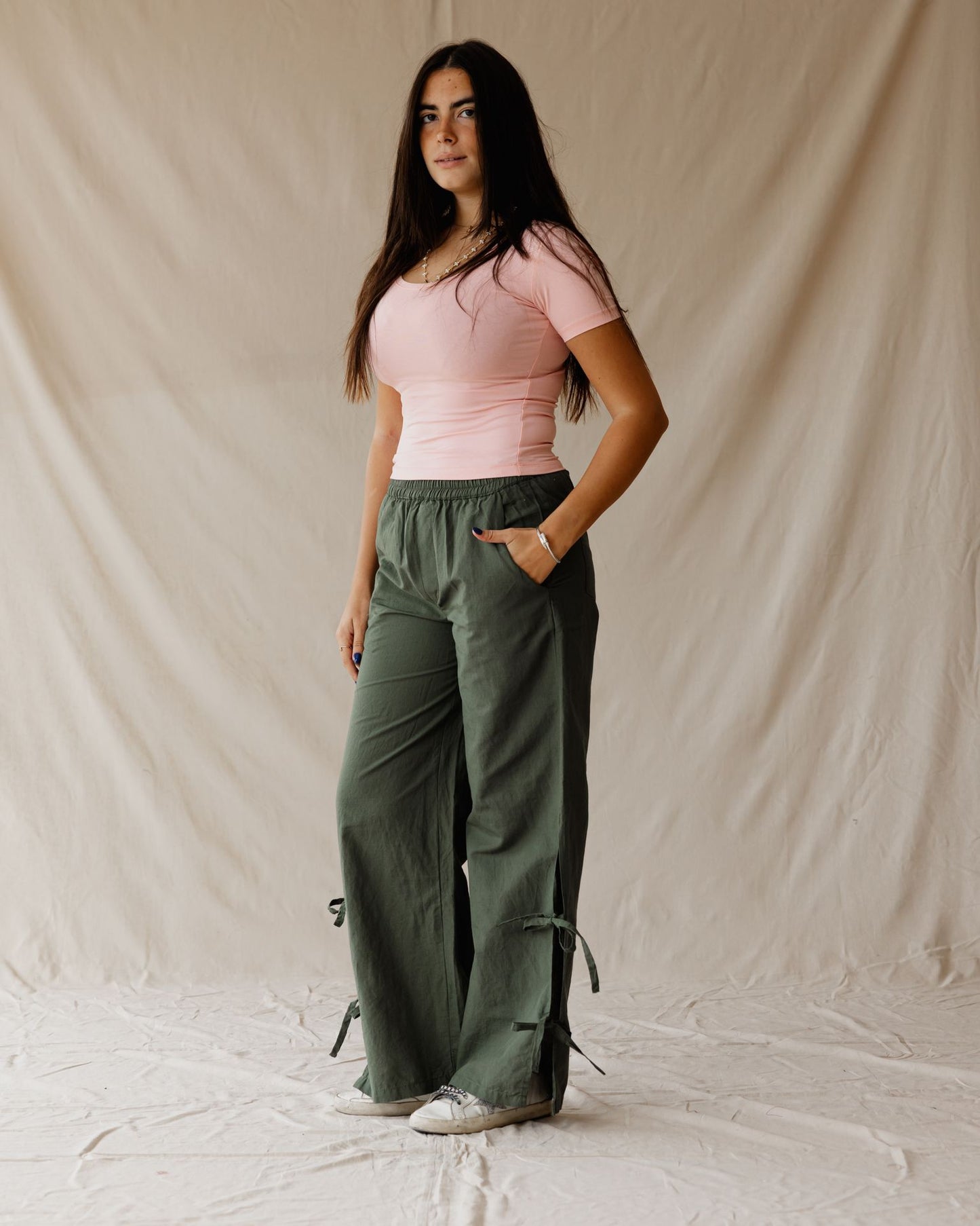 Side-tie Linen Olive Pants