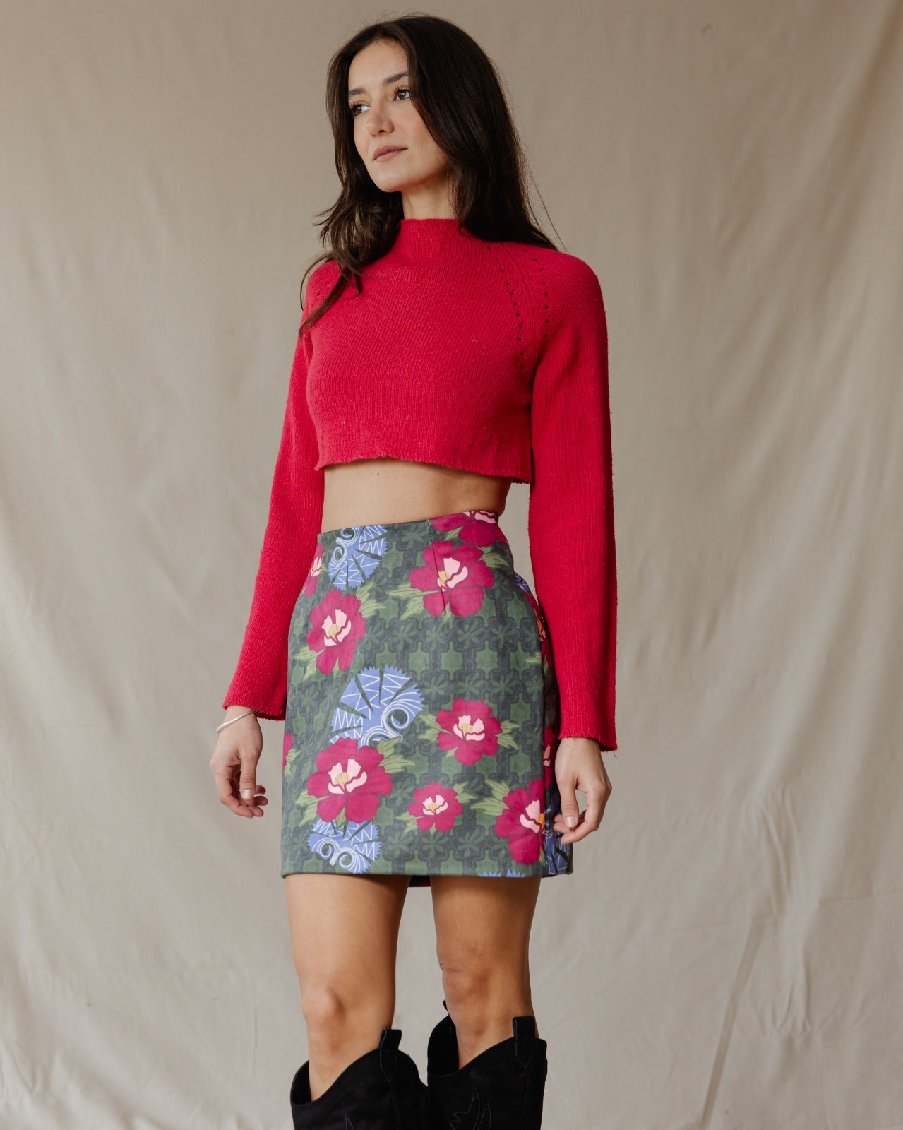 Floral Mosaic Suede Skirt