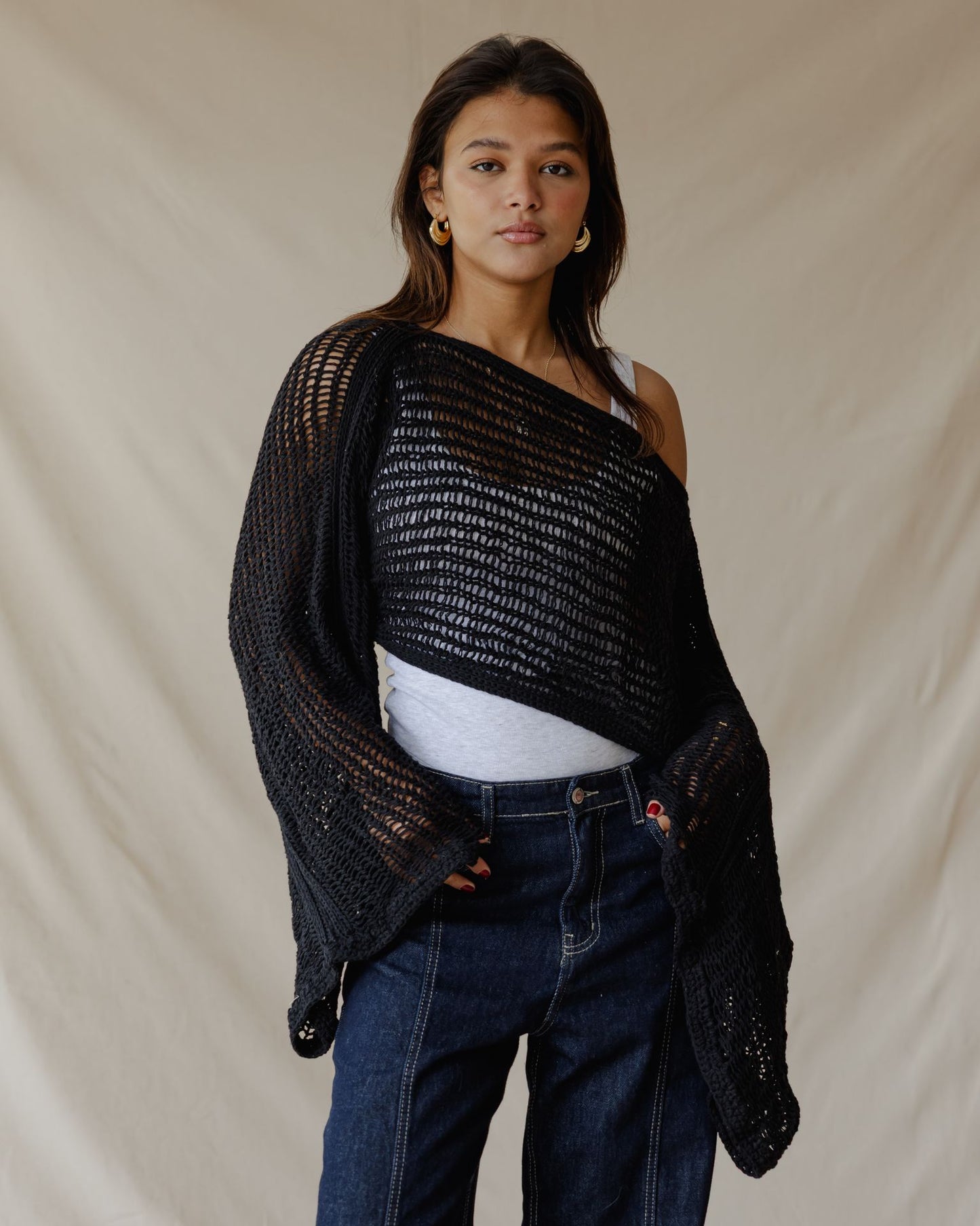 Overlay Crochet Top Black