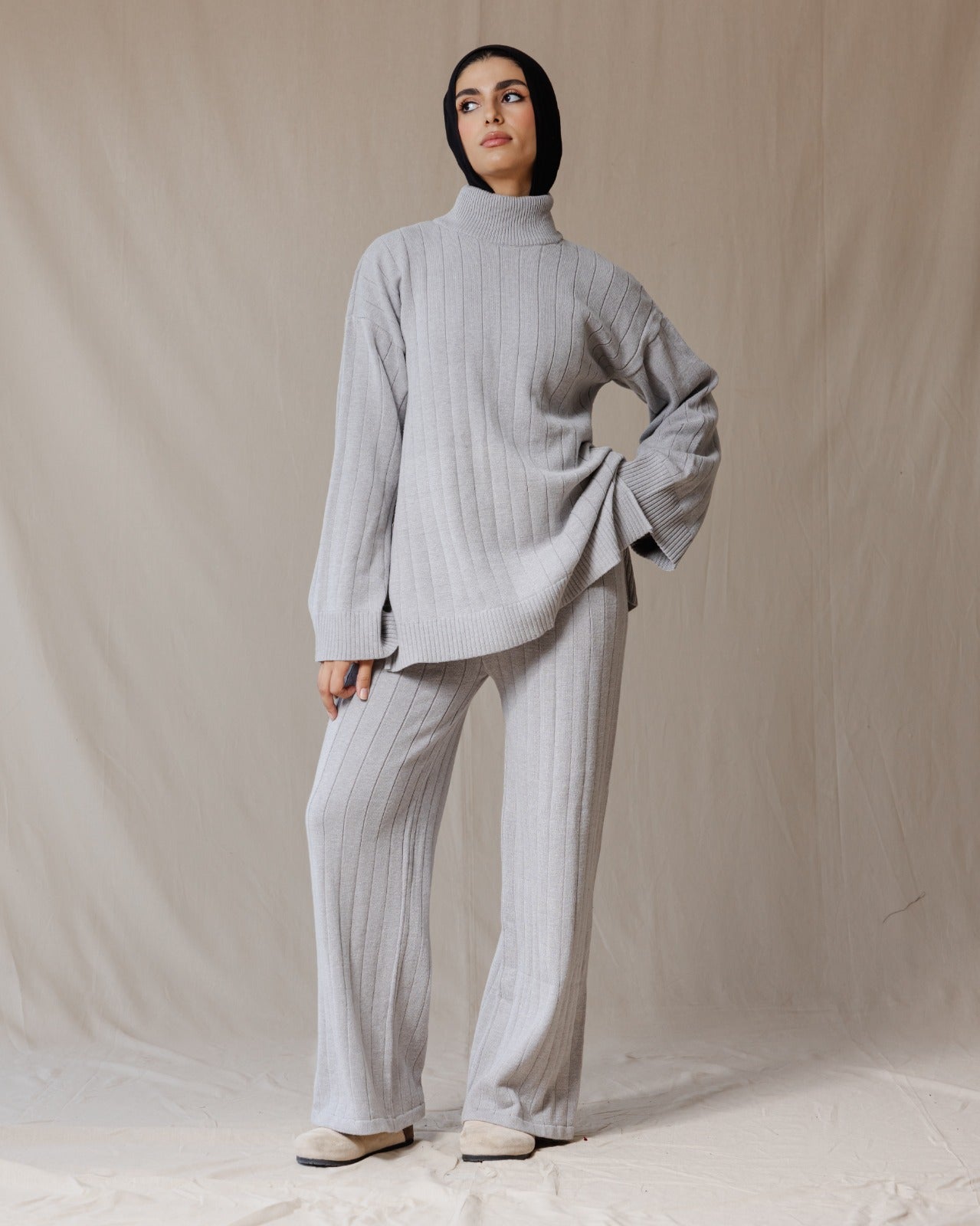Turtleneck Knit Set Grey