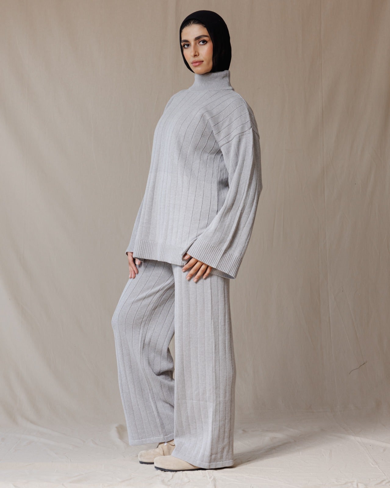 Turtleneck Knit Set Grey