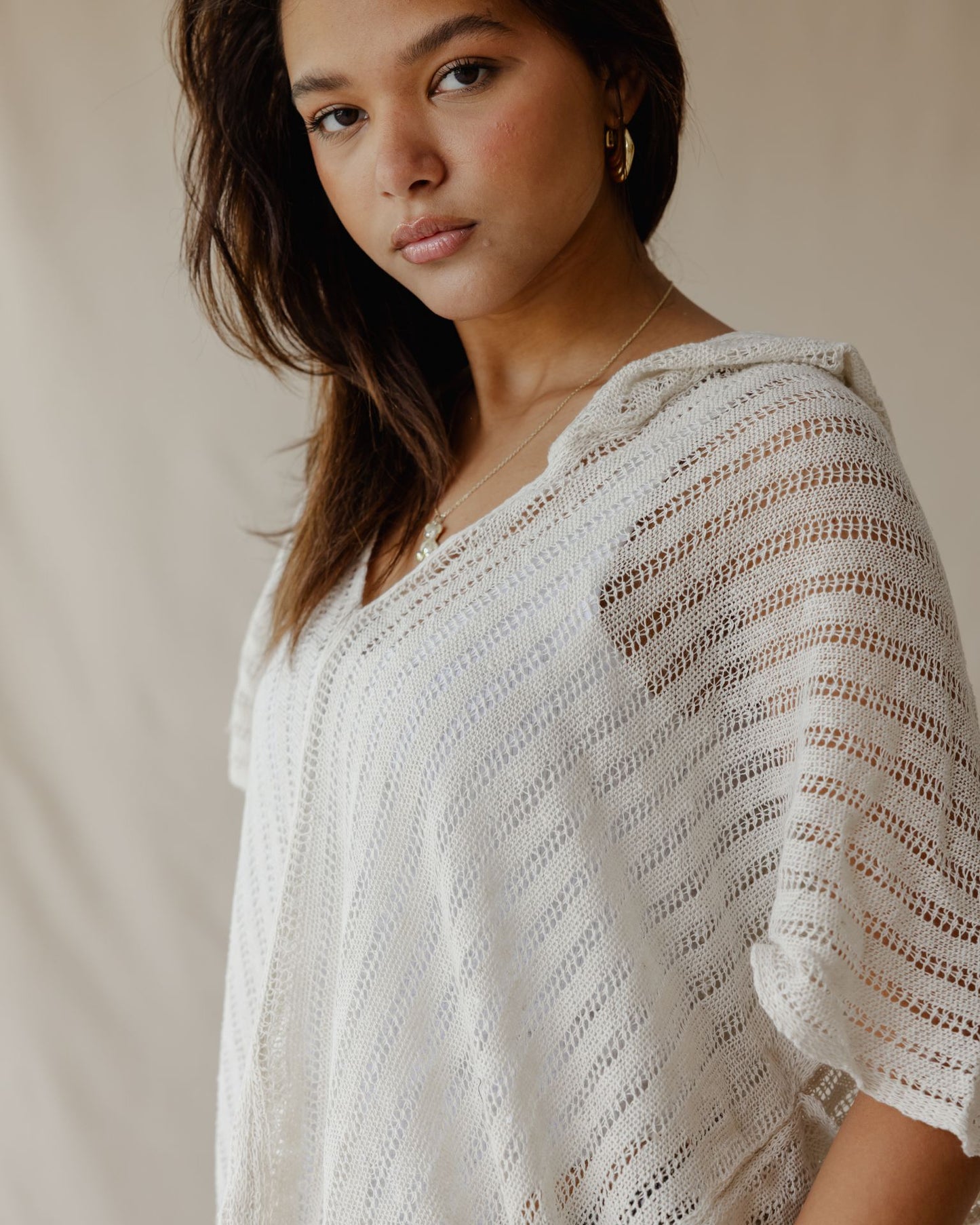 Summer Knit Poncho Off-White