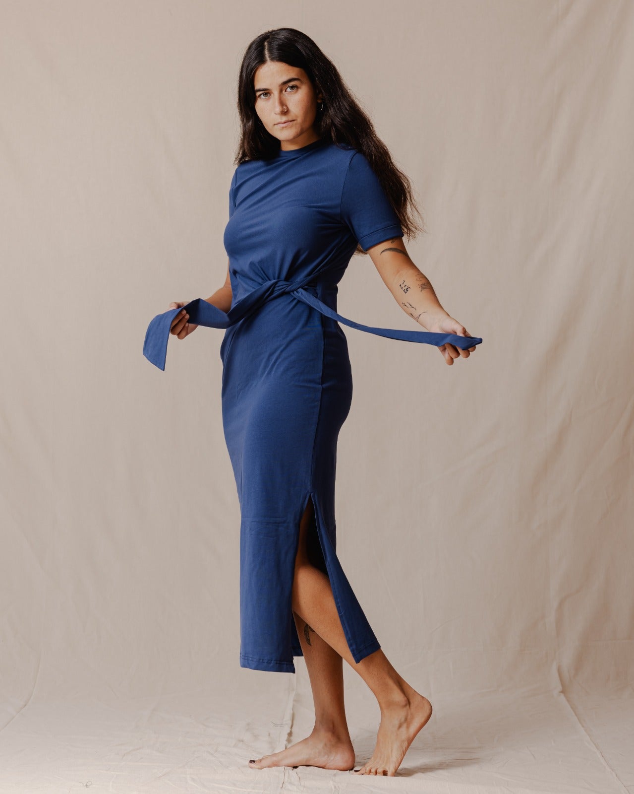 Side Tie Cotton Dress Blue