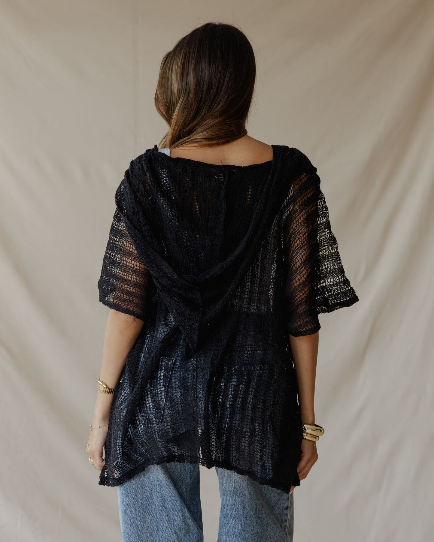 Summer Knit Poncho Black