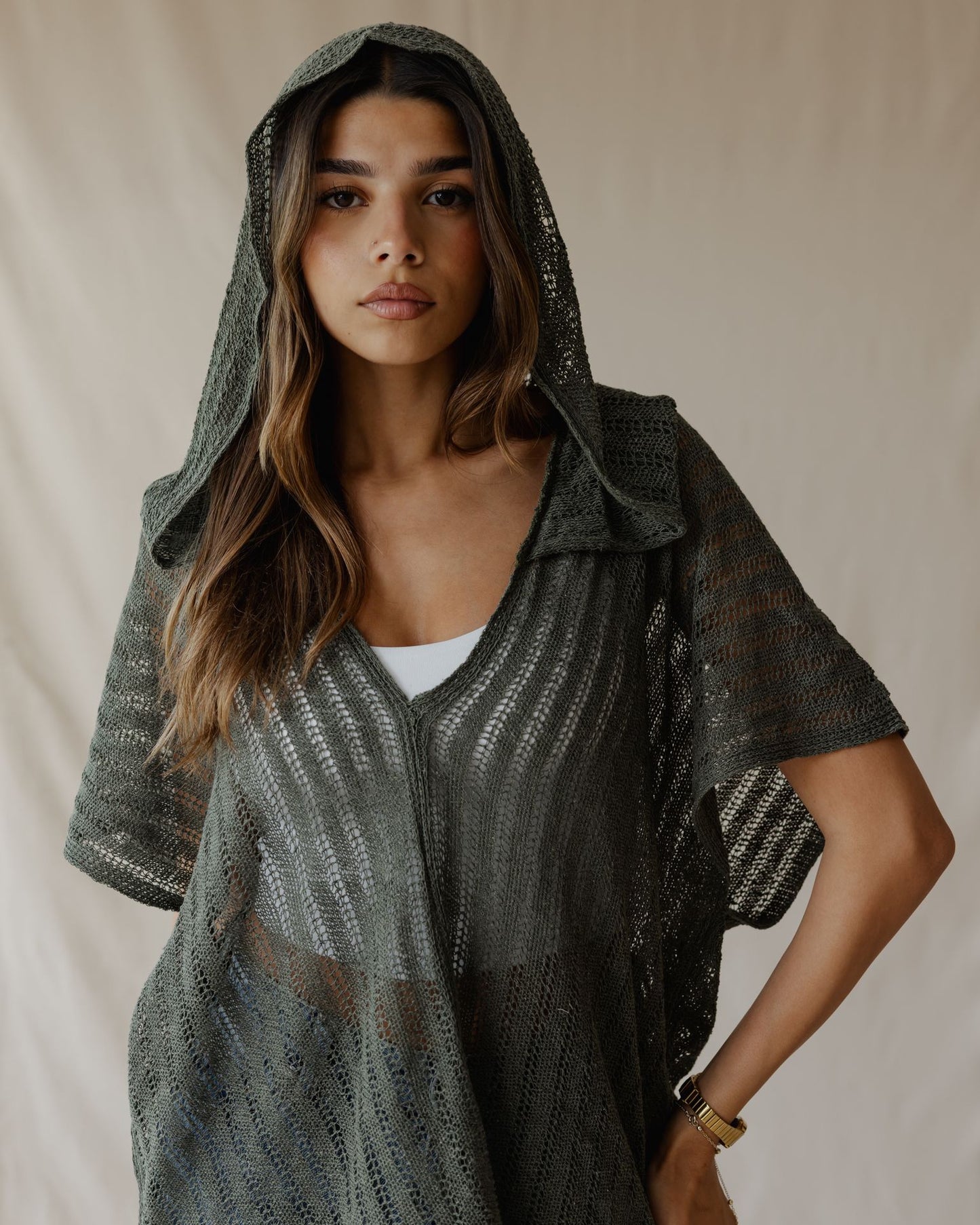 Summer Knit Poncho Olive