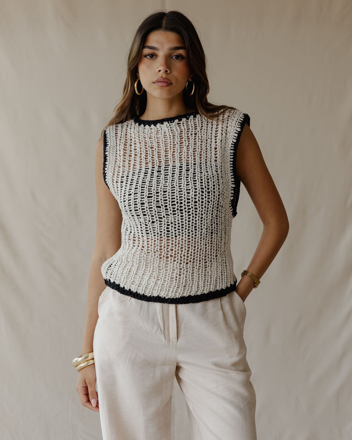 Contrast Crochet Top Off-White