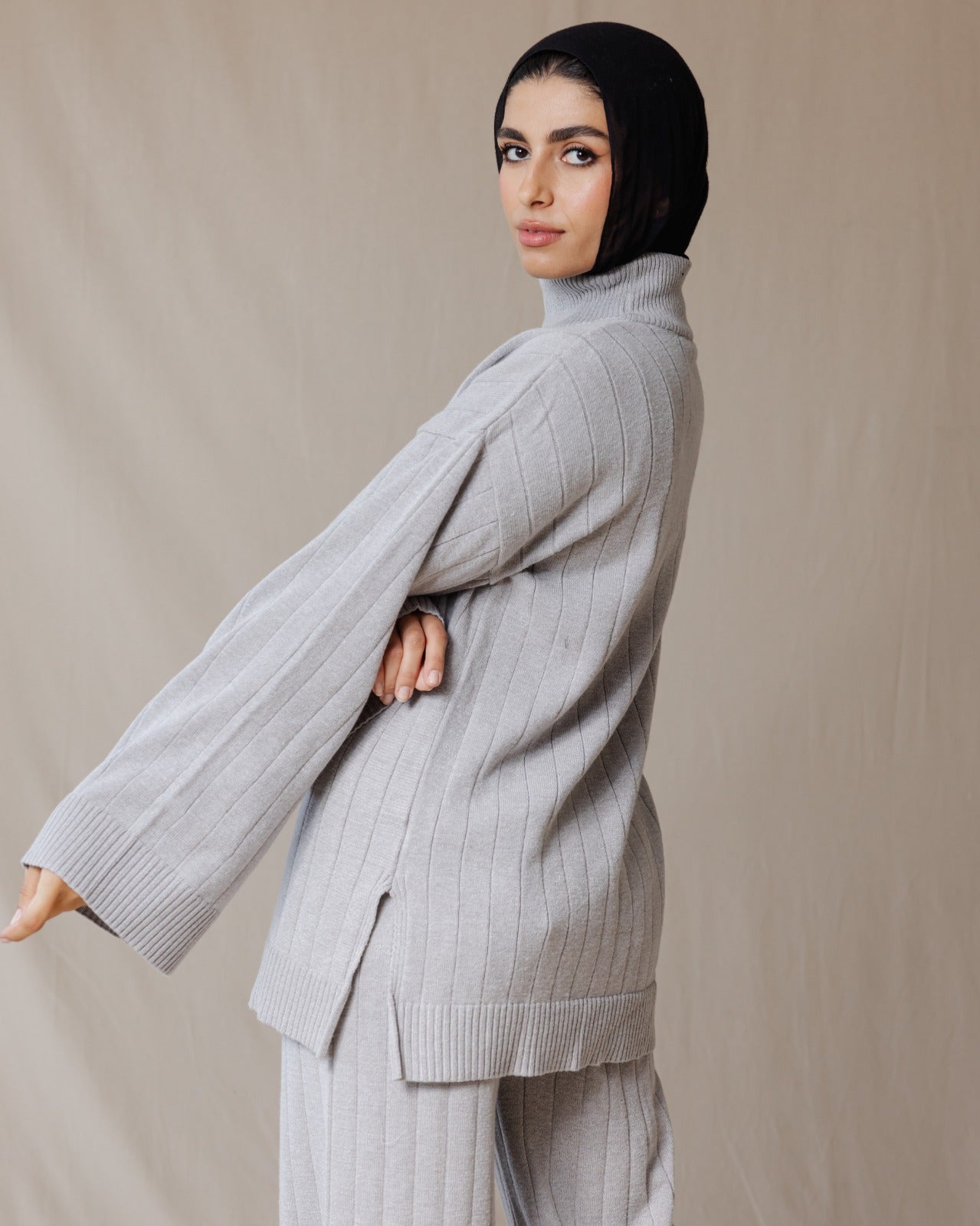 Turtleneck Knit Set Grey