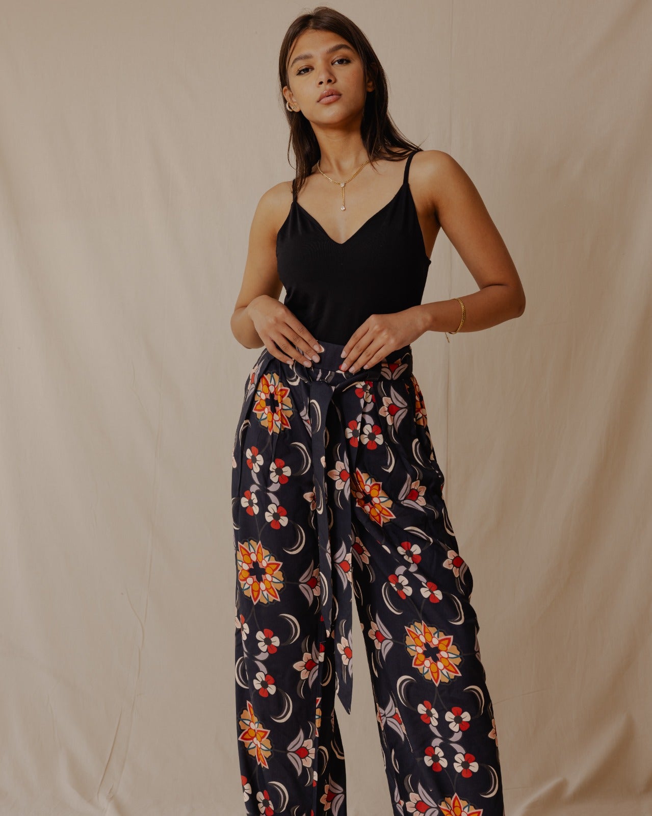 Damask Rose Cotton Pants Black