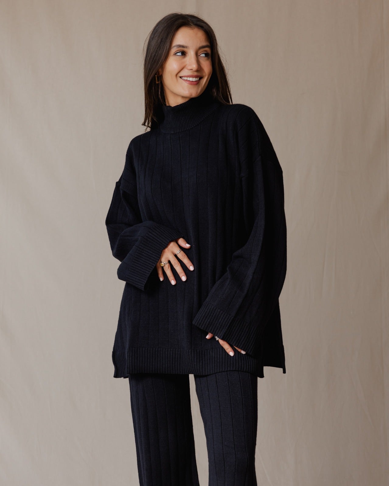 Turtleneck Knit Set Black