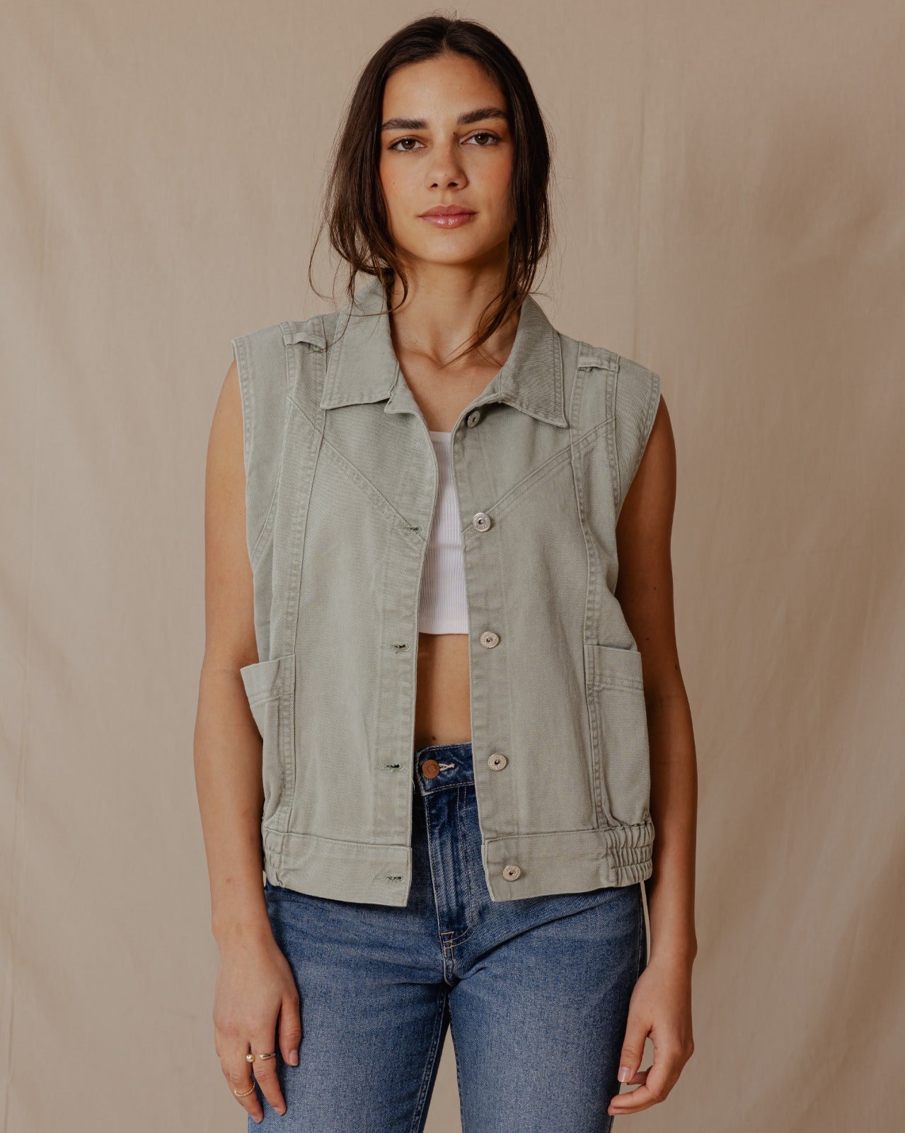 Washed Denim Vest Olive