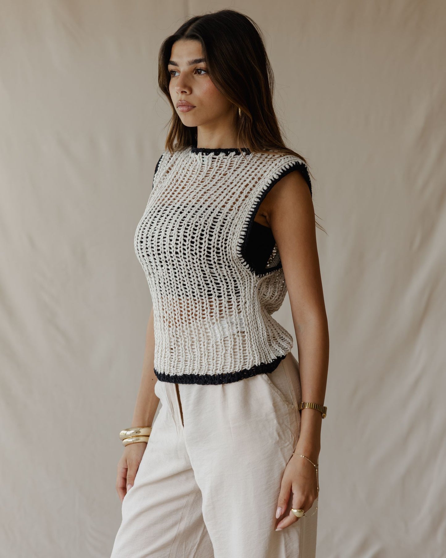 Contrast Crochet Top Off-White