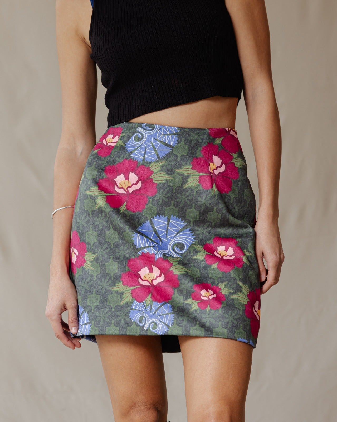 Floral Mosaic Suede Skirt