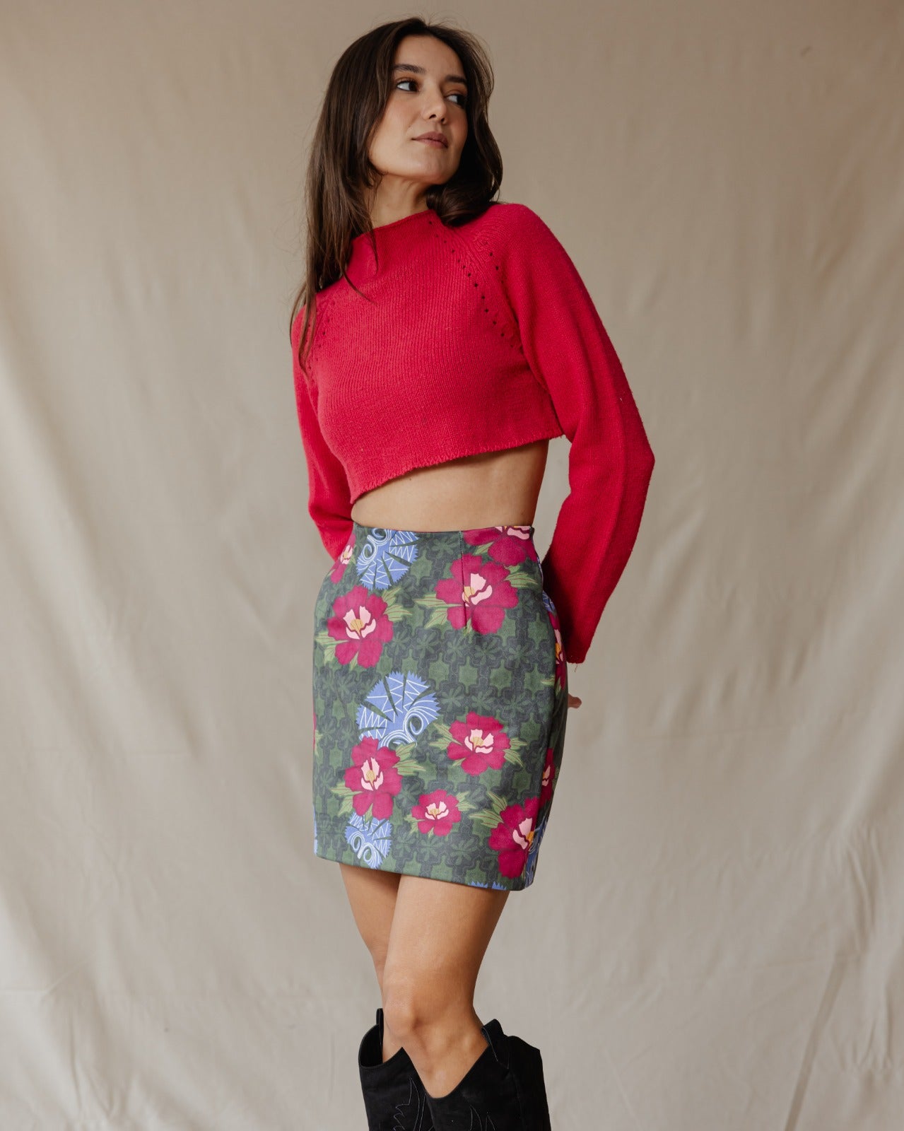 Floral Mosaic Suede Skirt
