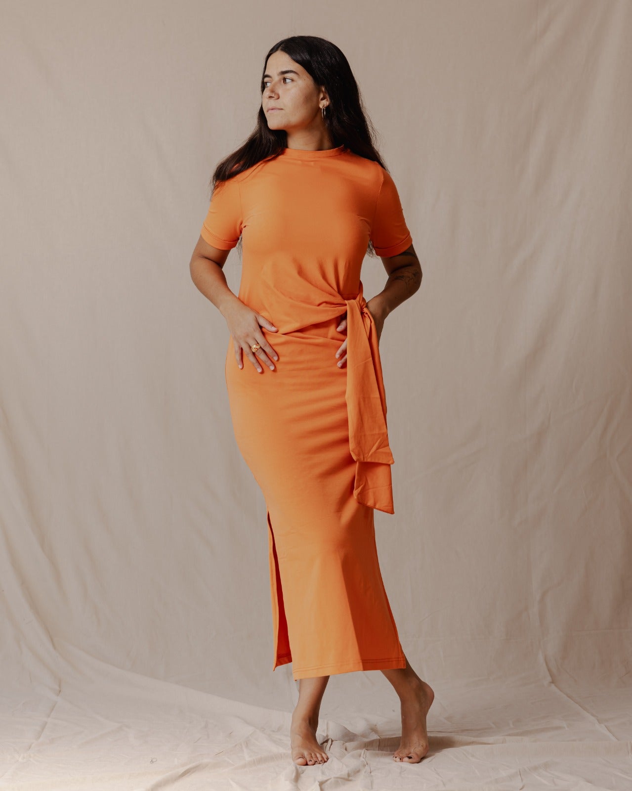 Side Tie Cotton Dress Orange Palma GCC Side Tie Cotton Dress Orange Palma GCC