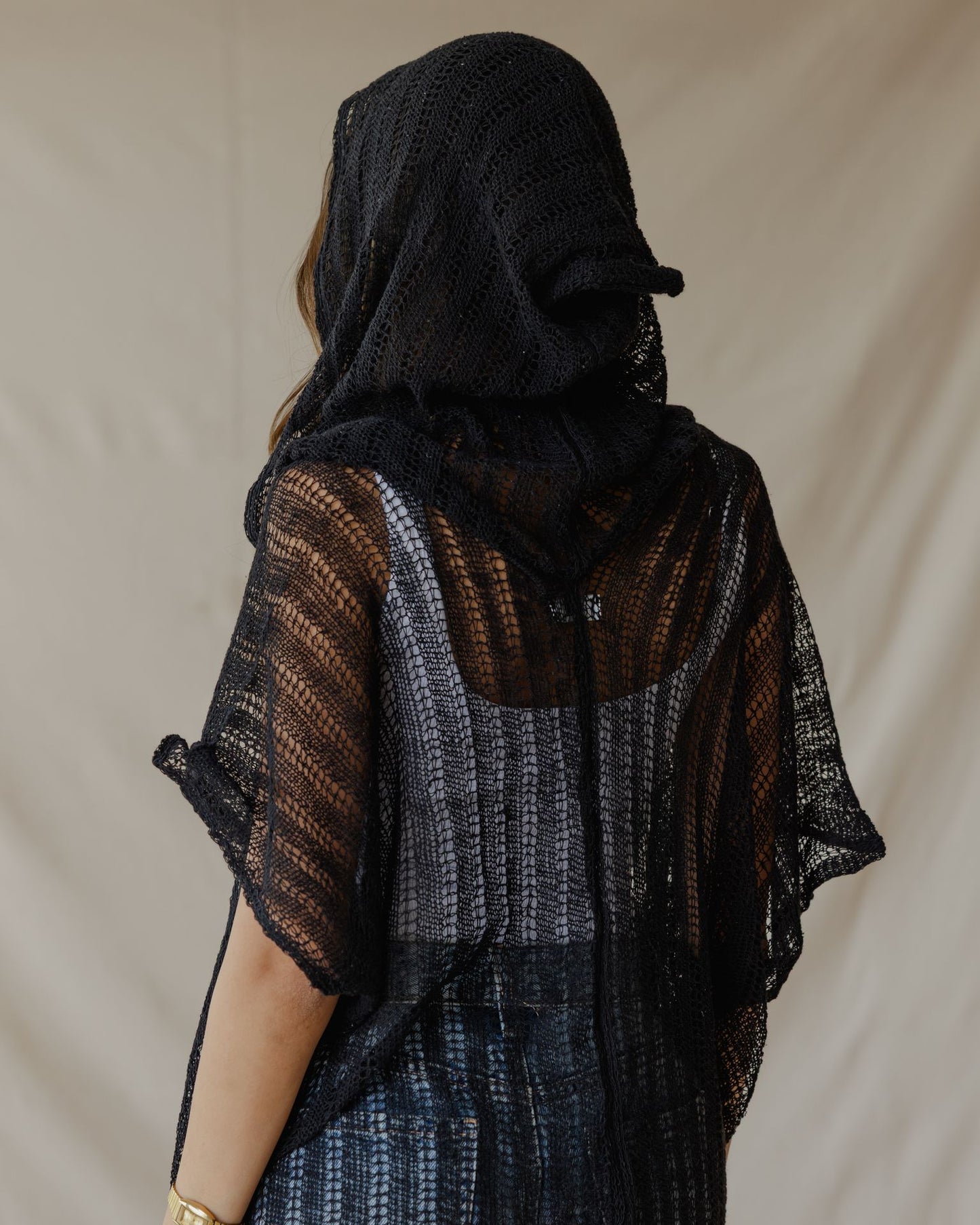 Summer Knit Poncho Black