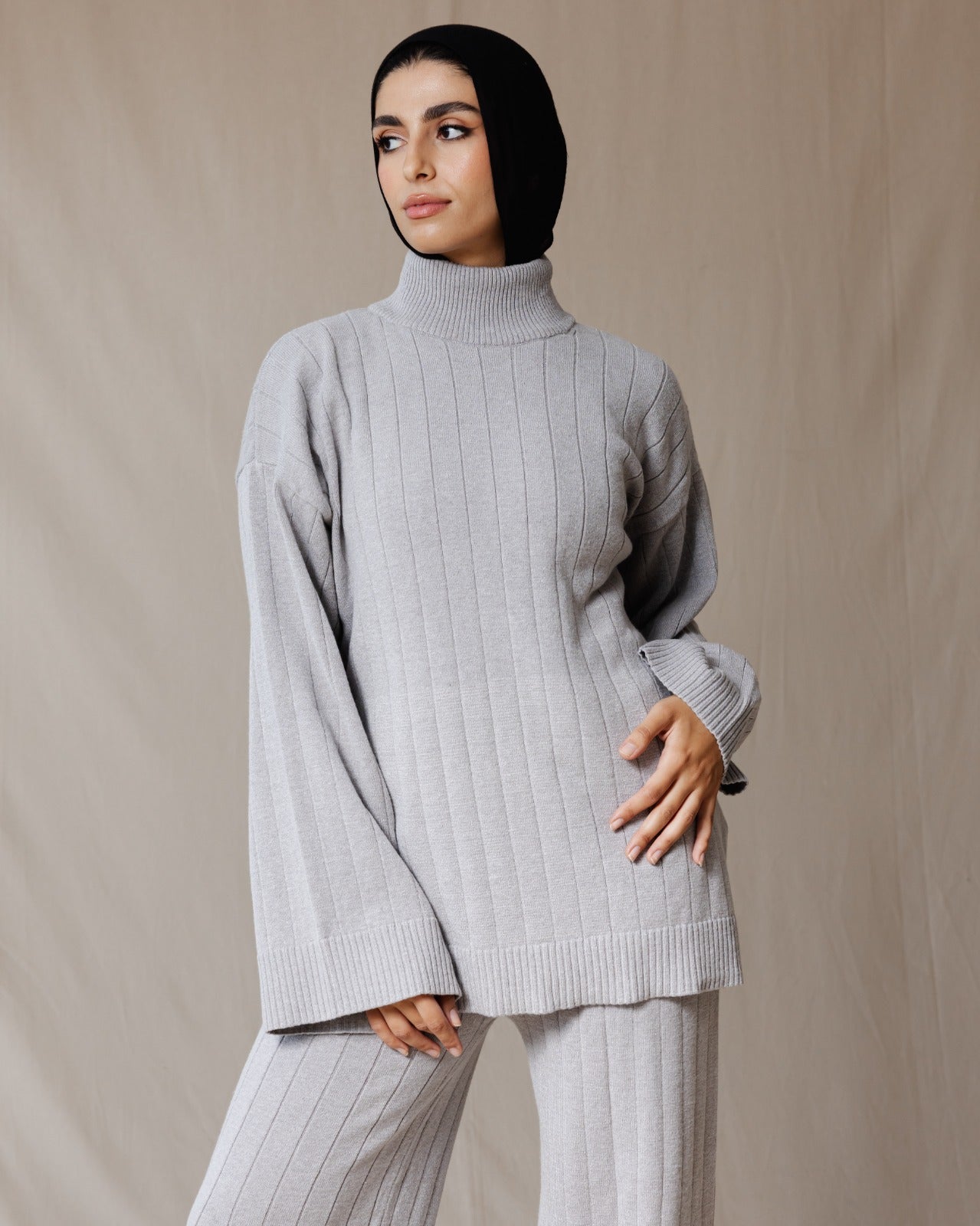 Turtleneck Knit Set Grey
