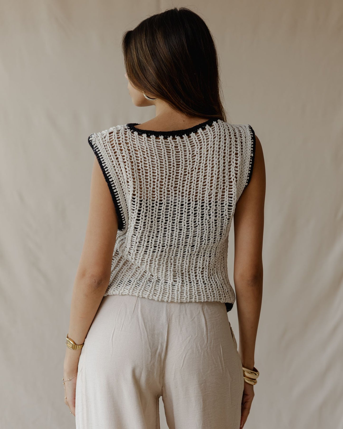 Contrast Crochet Top Off-White