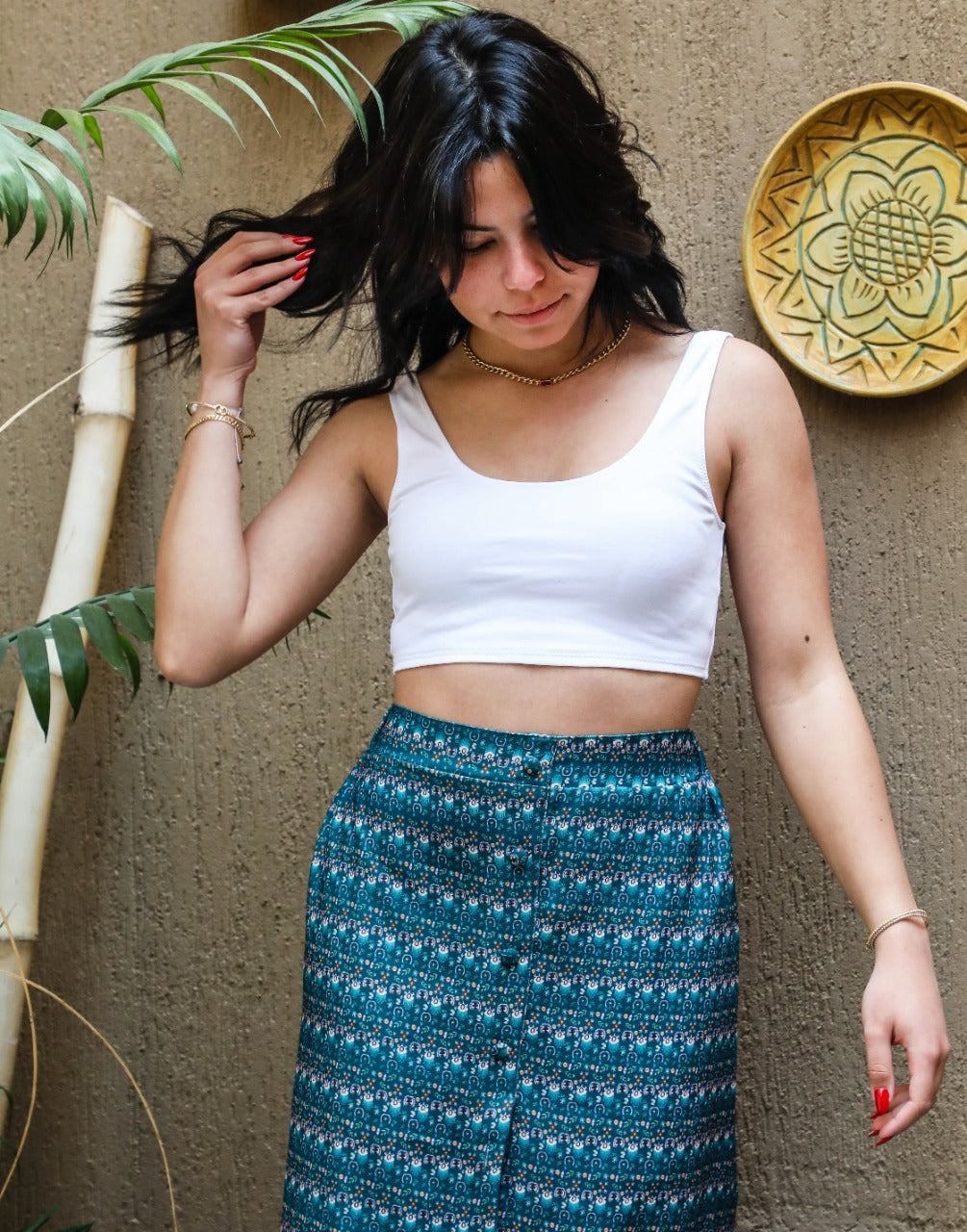 Folk Art Slit Skirt Teal