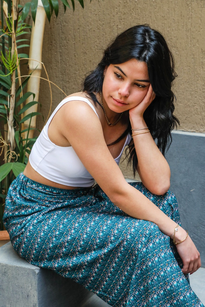 Folk Art Slit Skirt Teal