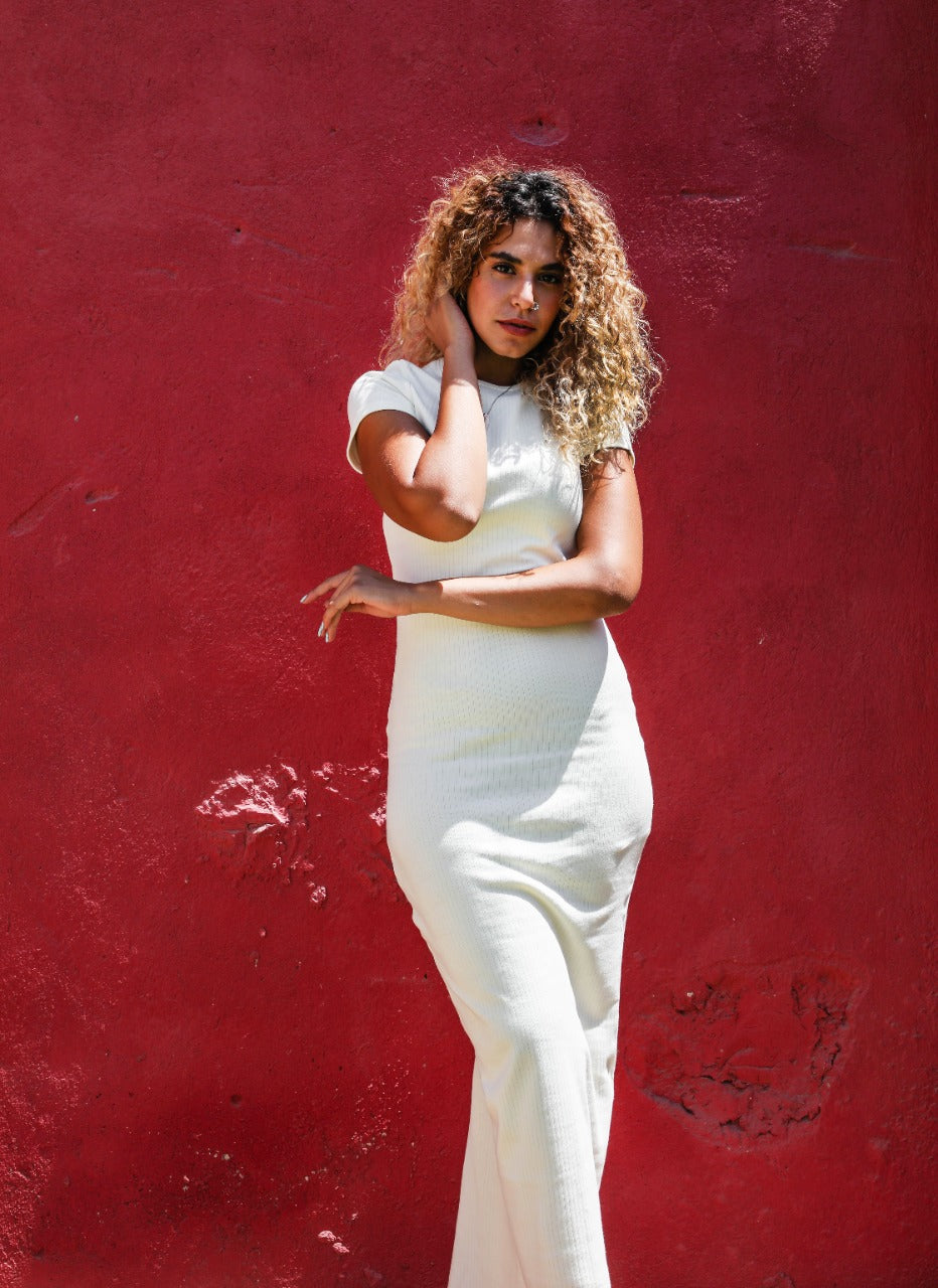 Short Sleeved Ribbed Dress Light Yellow