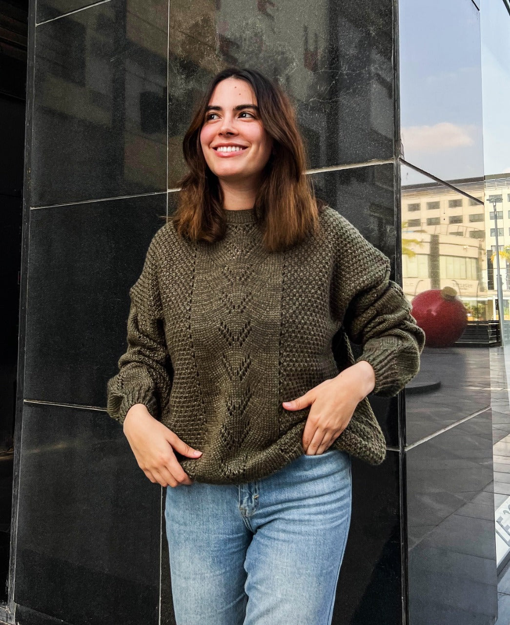 سترة Pointelle Knit باللون الزيتوني