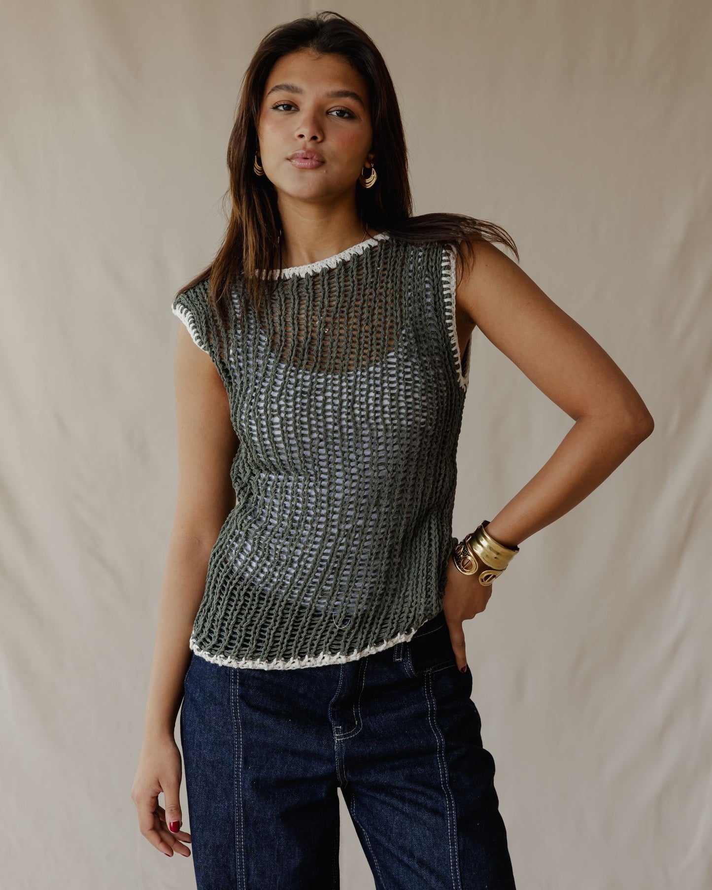 Contrast Crochet Top Olive