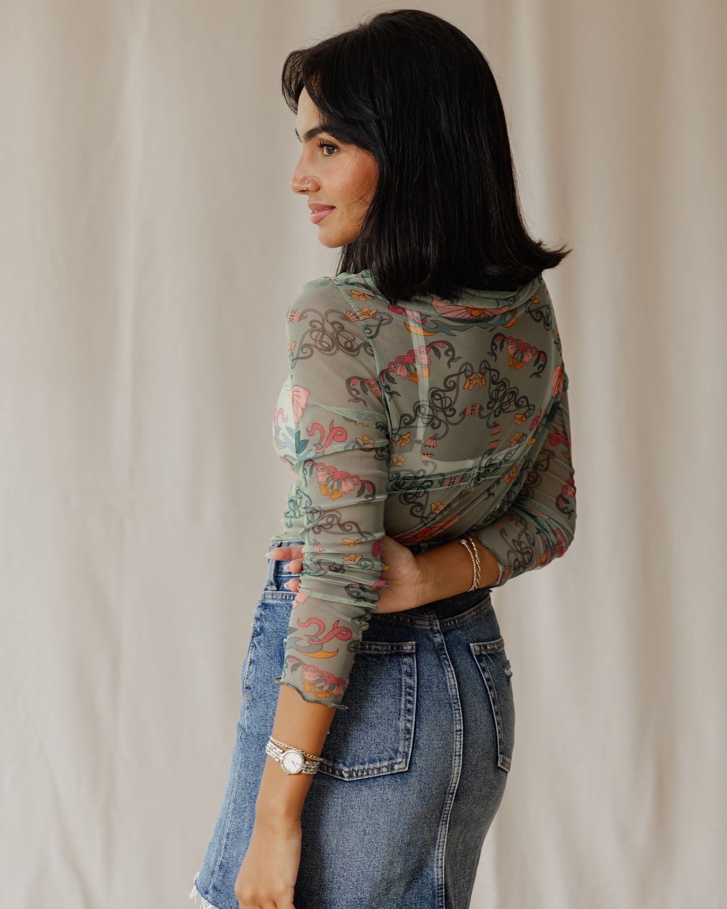 Petal Muse In Sage Mesh Top