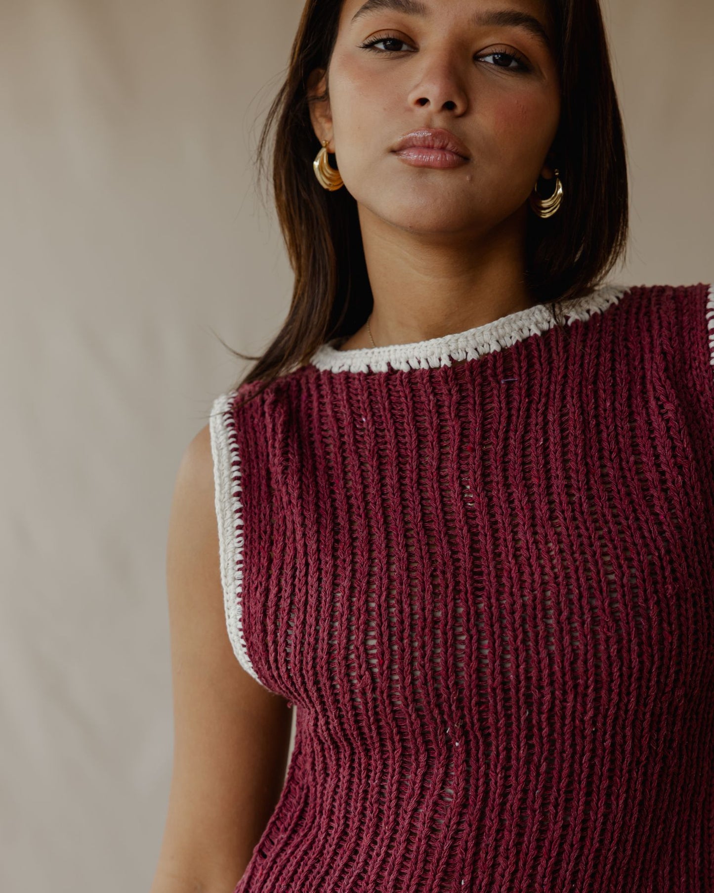 Contrast Crochet Top Burgundy