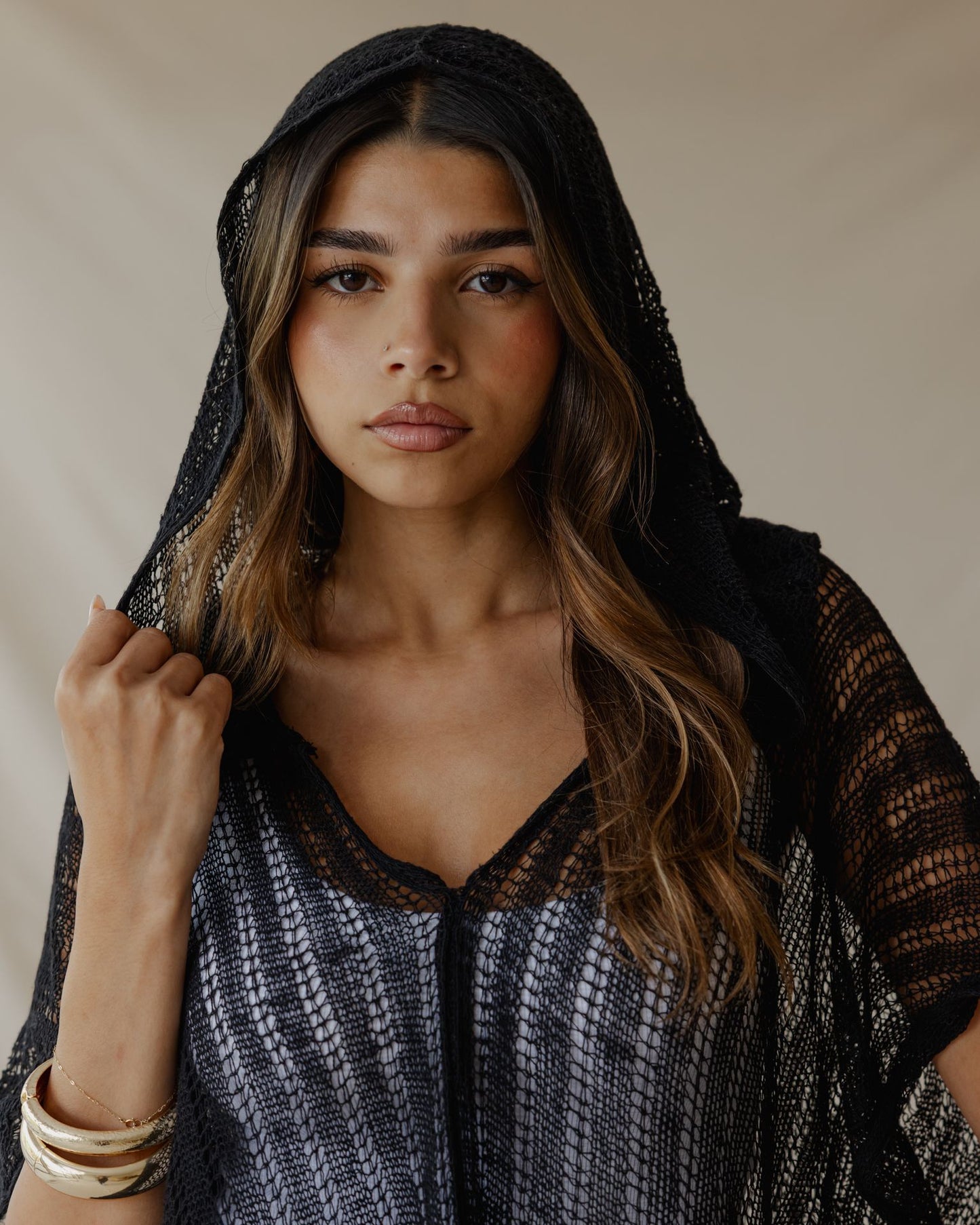 Summer Knit Poncho Black
