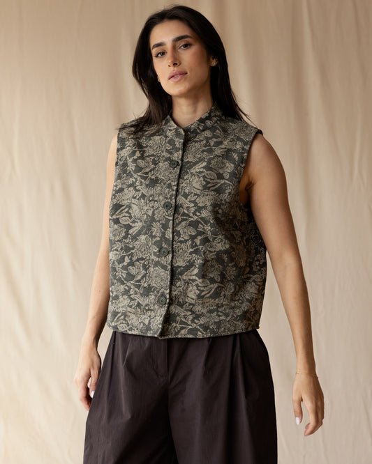 Olive Flora Jacquard Vest