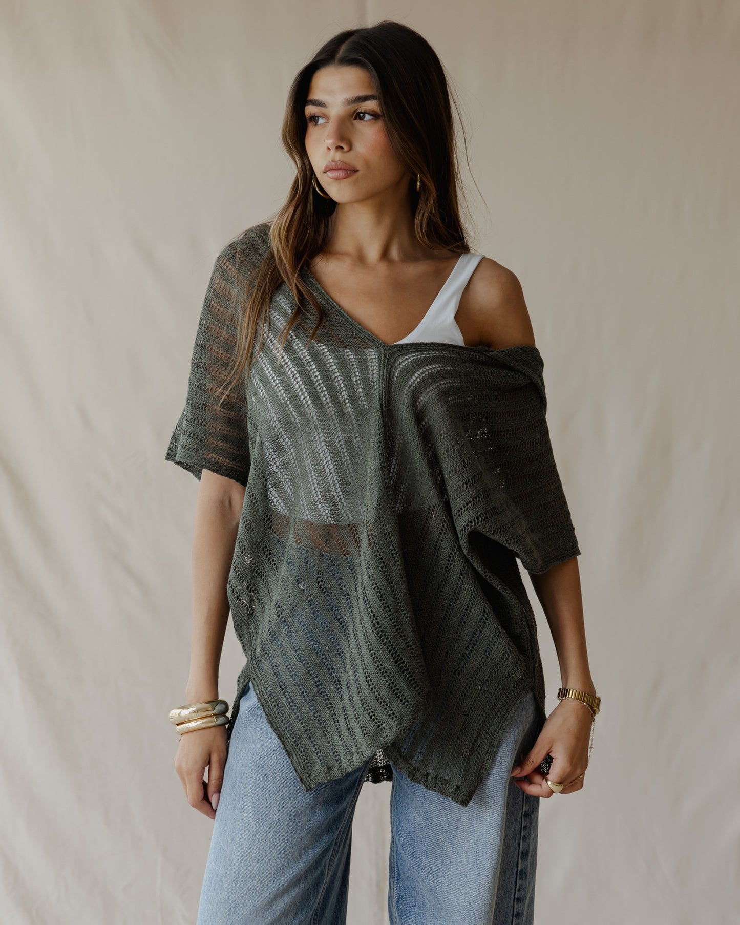 Summer Knit Poncho Olive
