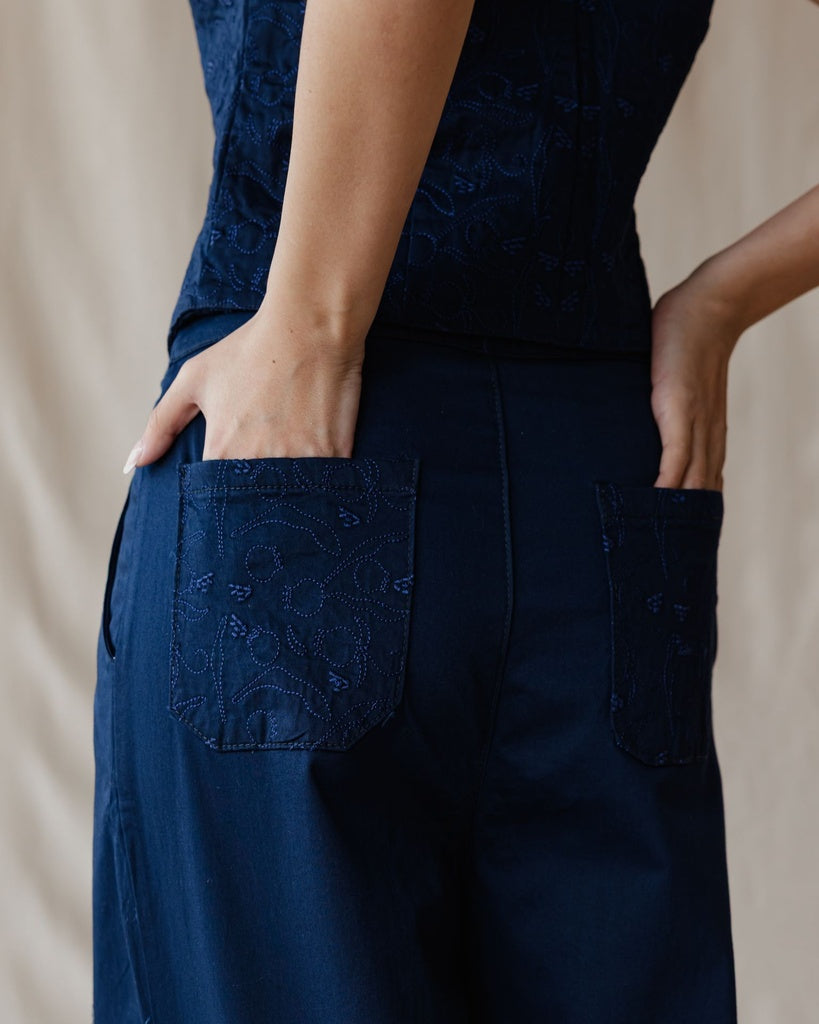 Pomegranate Embroidered Navy Pants