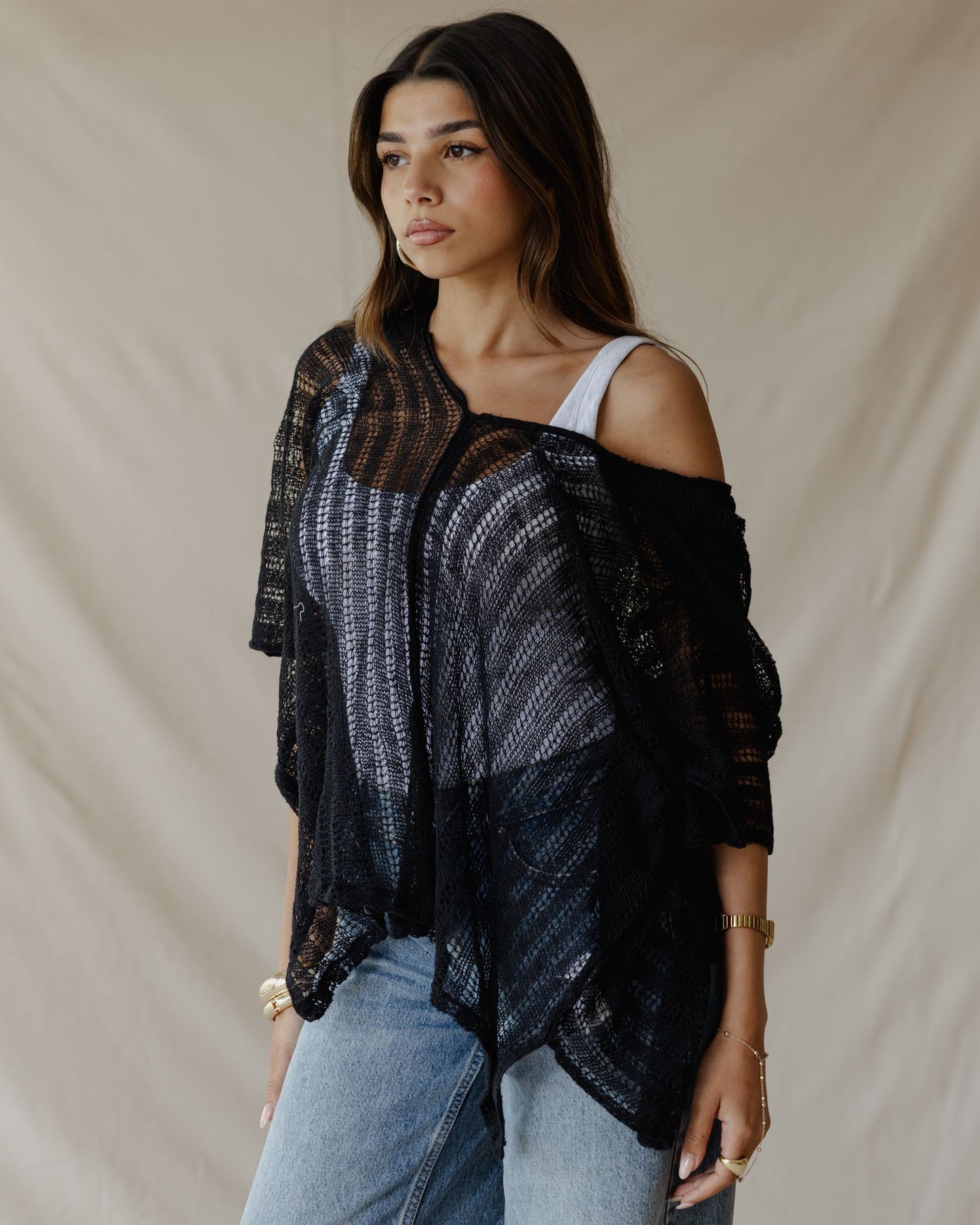 Summer Knit Poncho Black