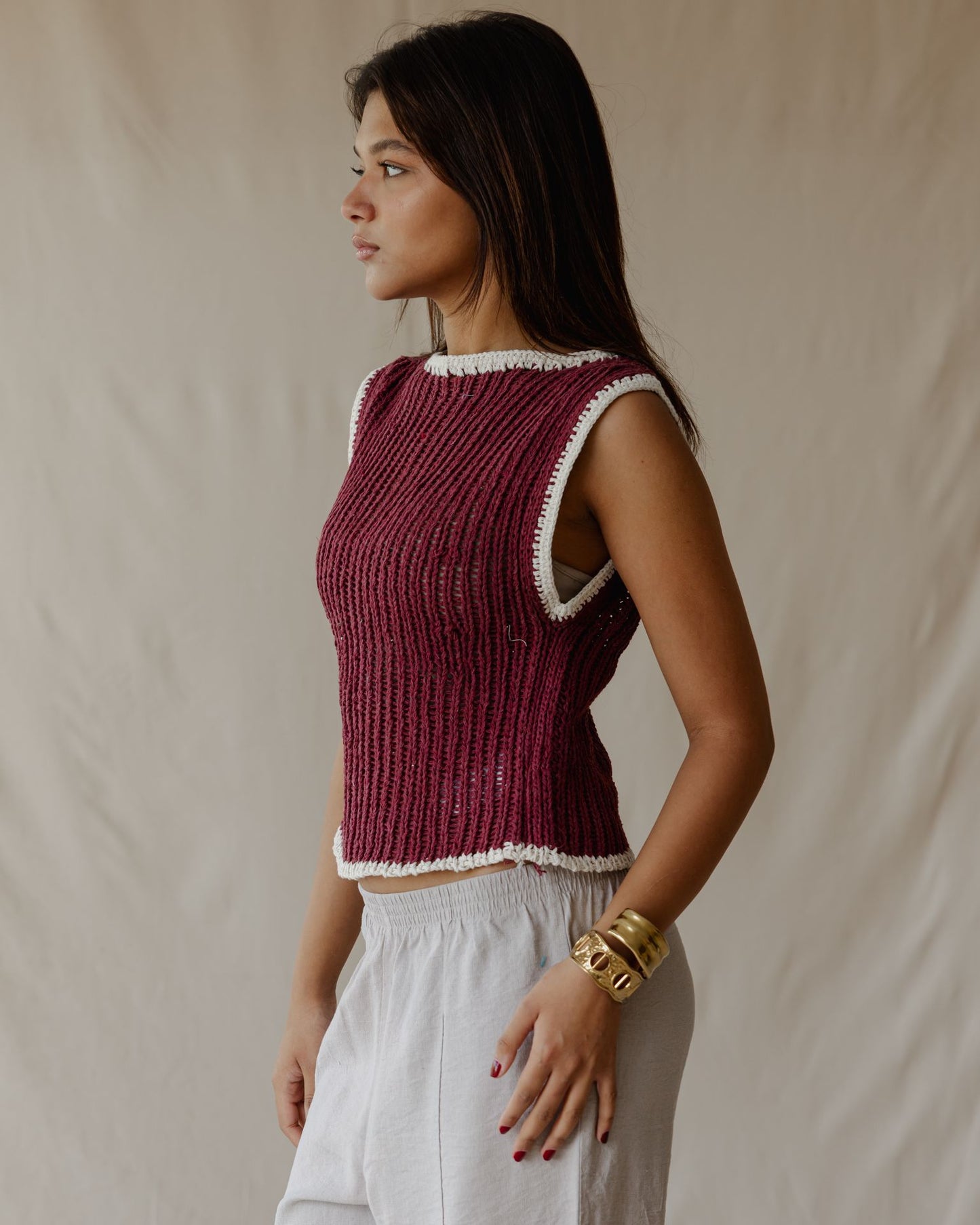 Contrast Crochet Top Burgundy