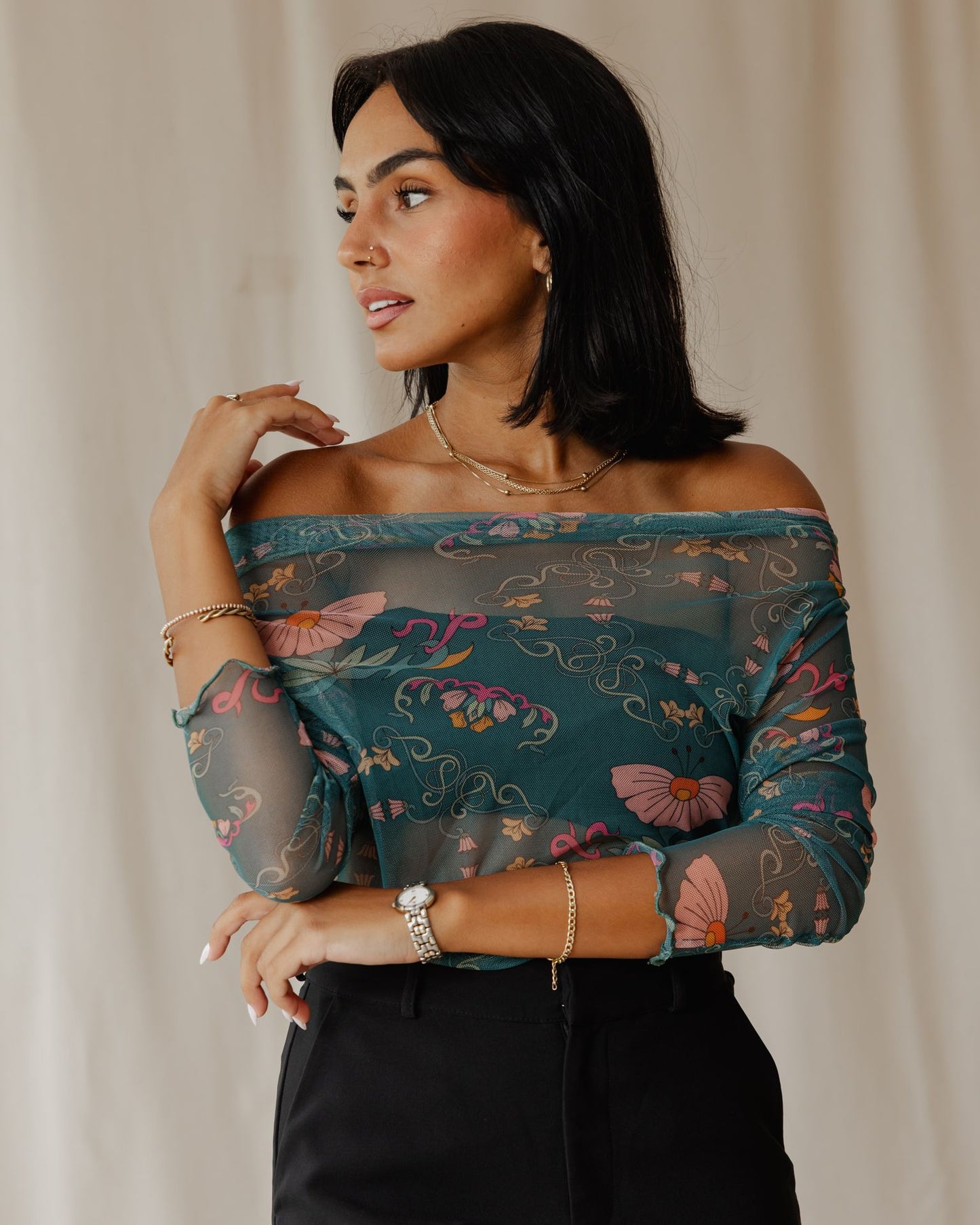 Petal Muse In Teal Mesh Top