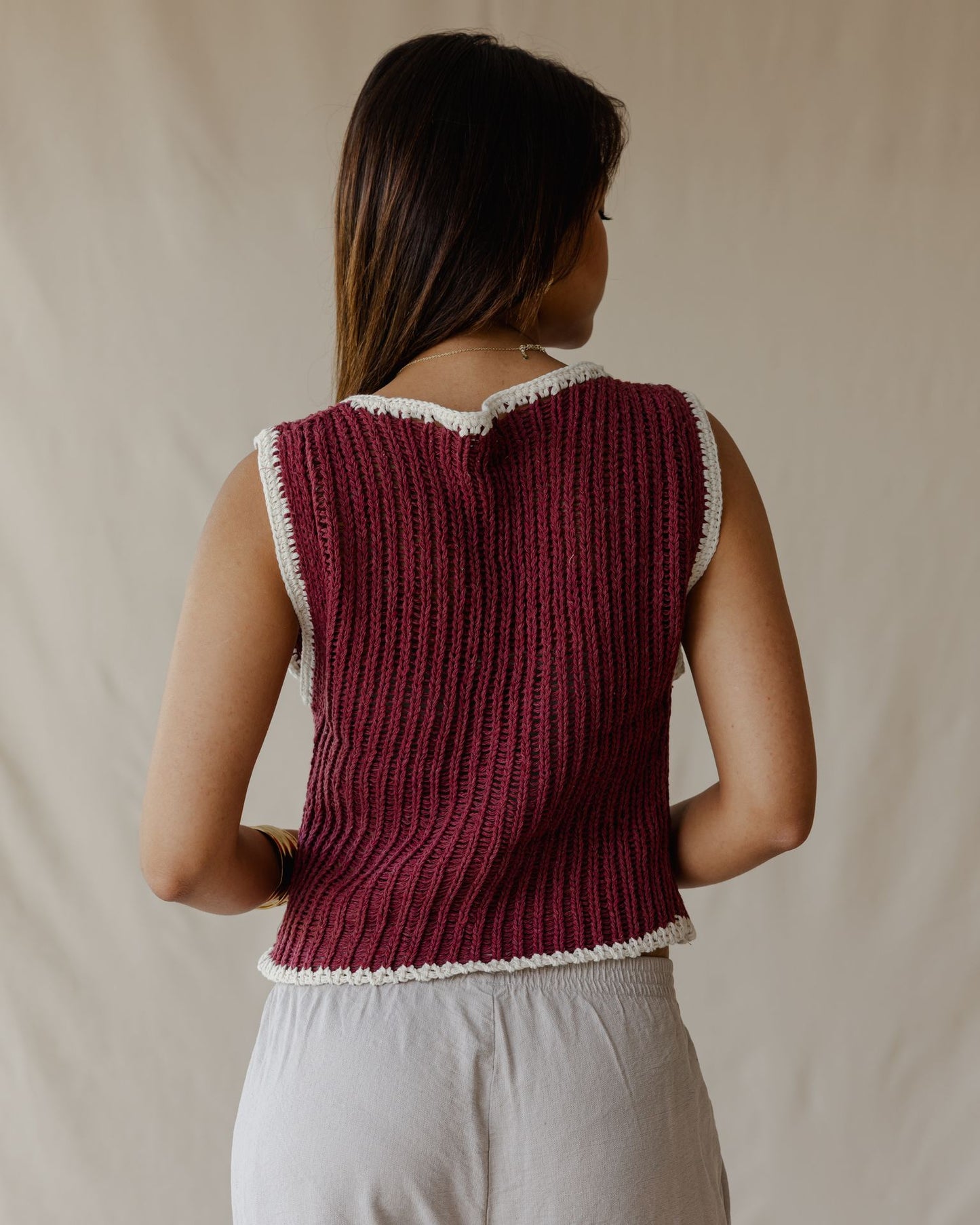 Contrast Crochet Top Burgundy