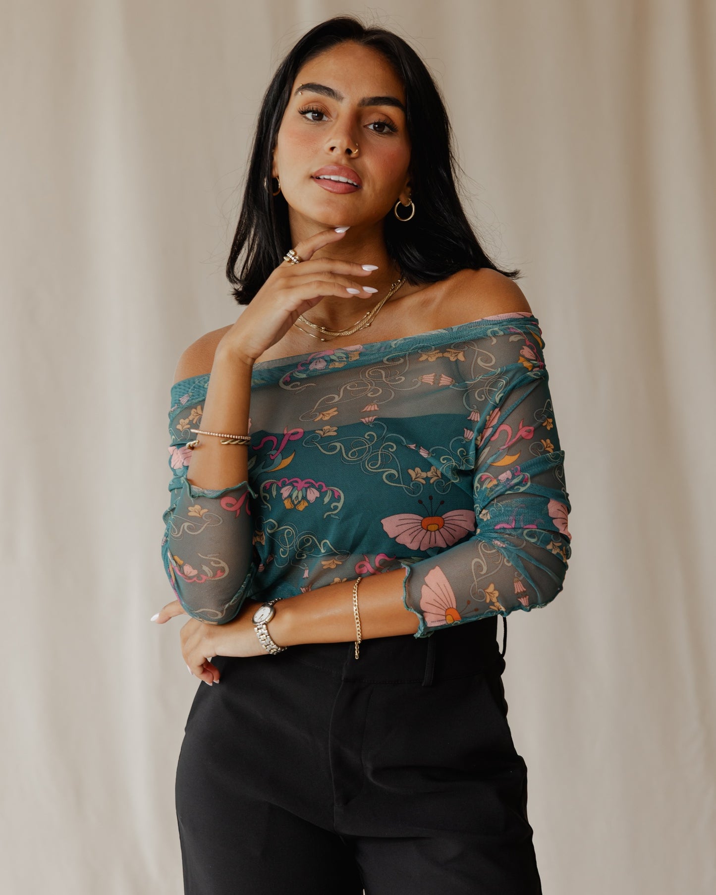 Petal Muse In Teal Mesh Top