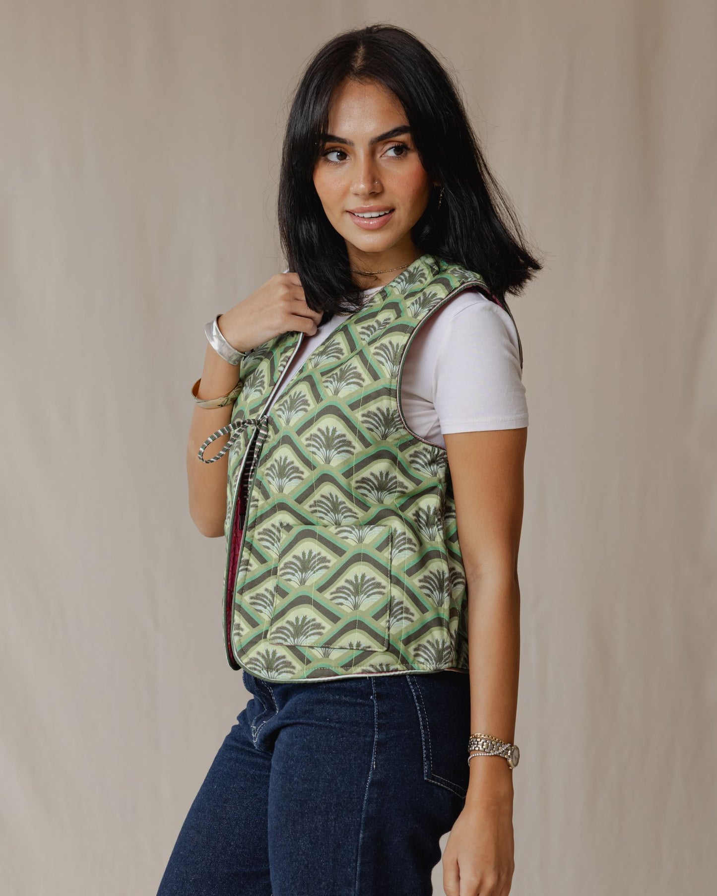 Flip & Bloom Reversible Vest in Green/Pink