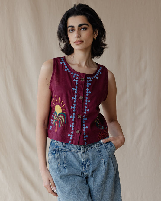 Sunflare Gecko Embroidered Vest Burgundy