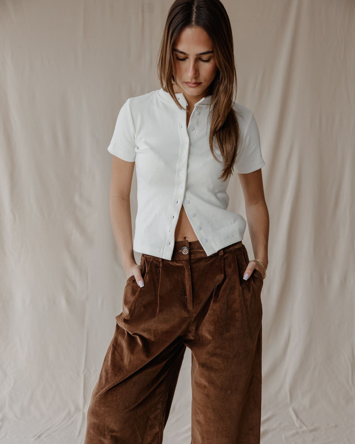 Pleated Cord Brown Pants