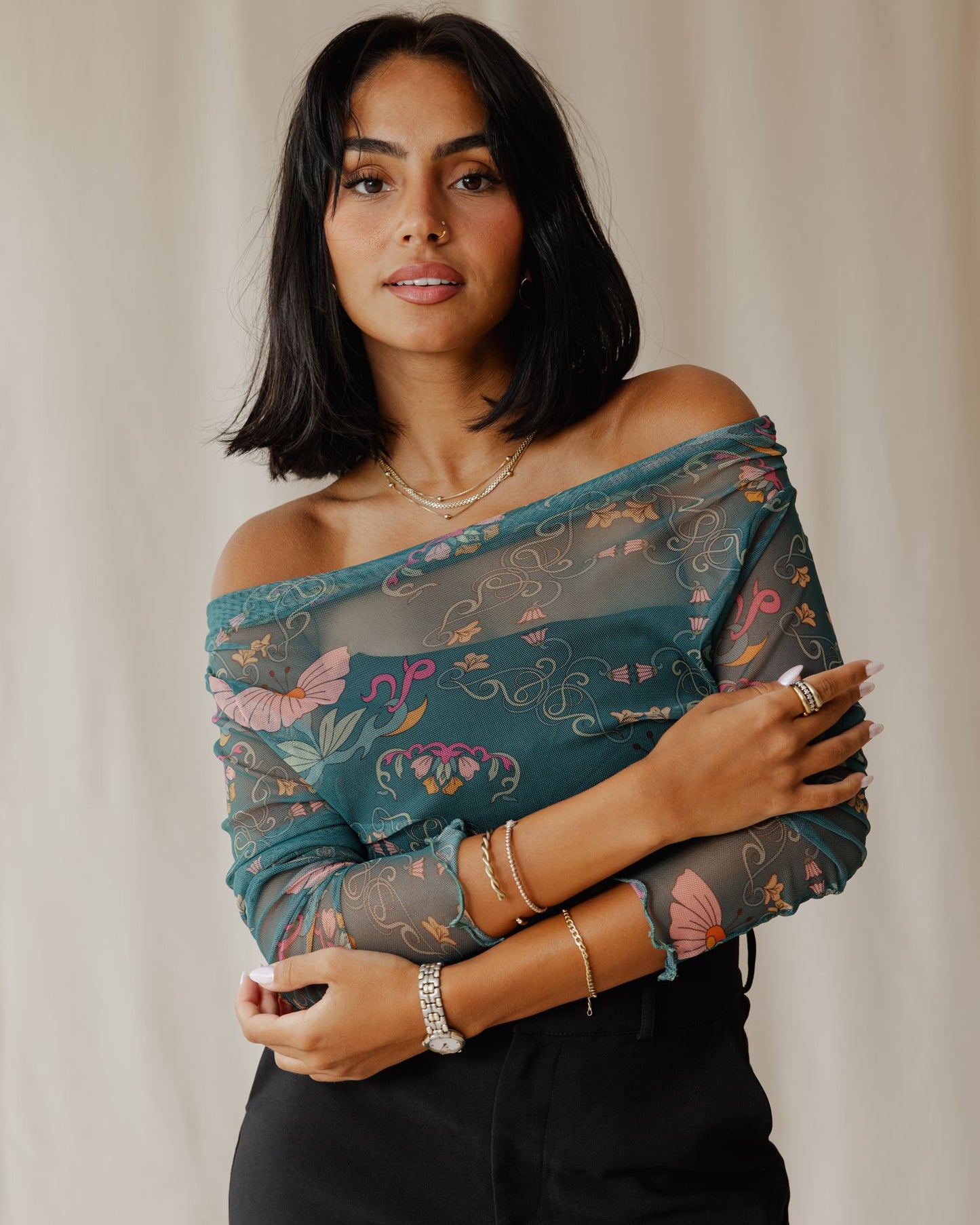 Petal Muse In Teal Mesh Top