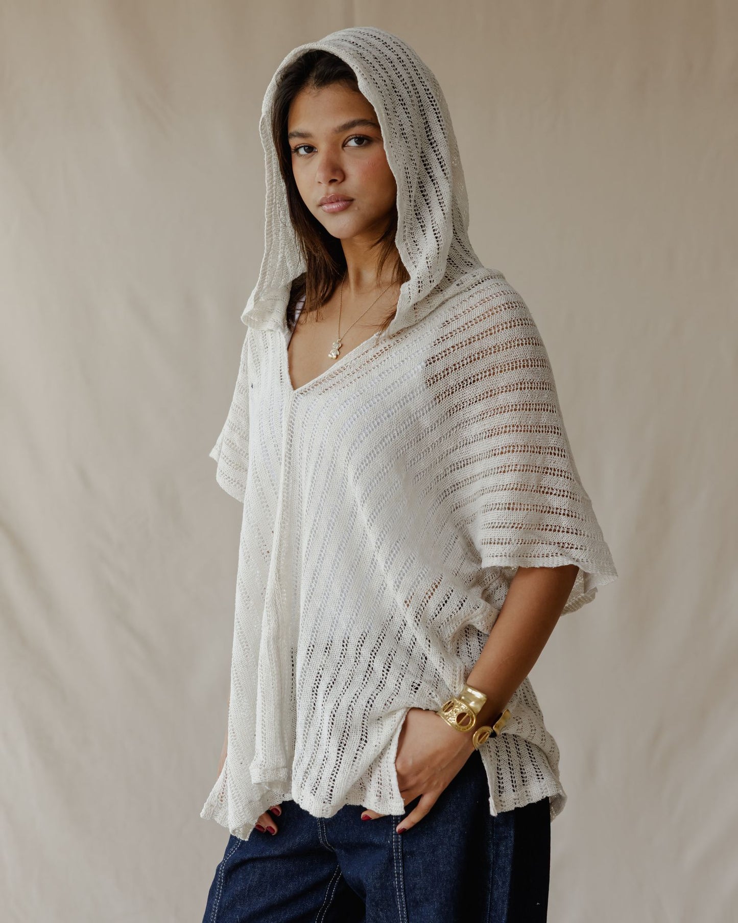 Summer Knit Poncho Off-White