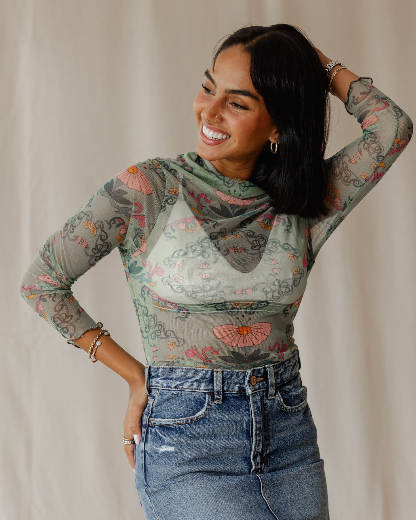 Petal Muse In Sage Mesh Top