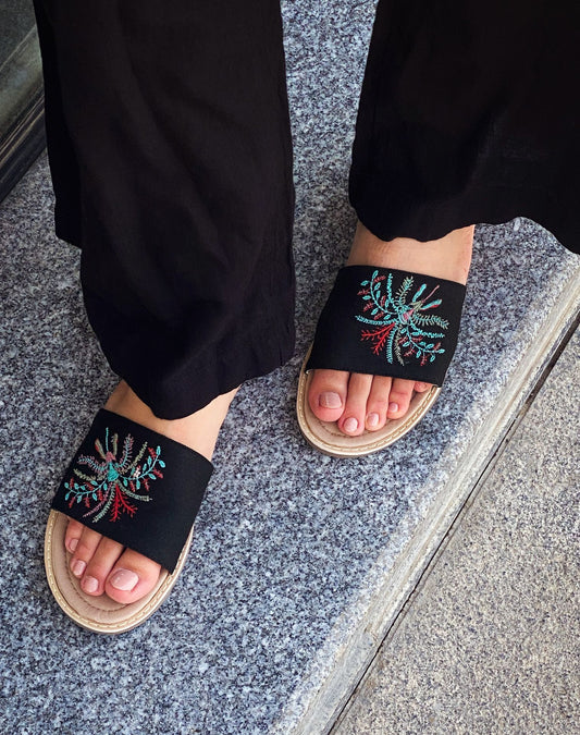 The Palms Embroidered Slippers Black