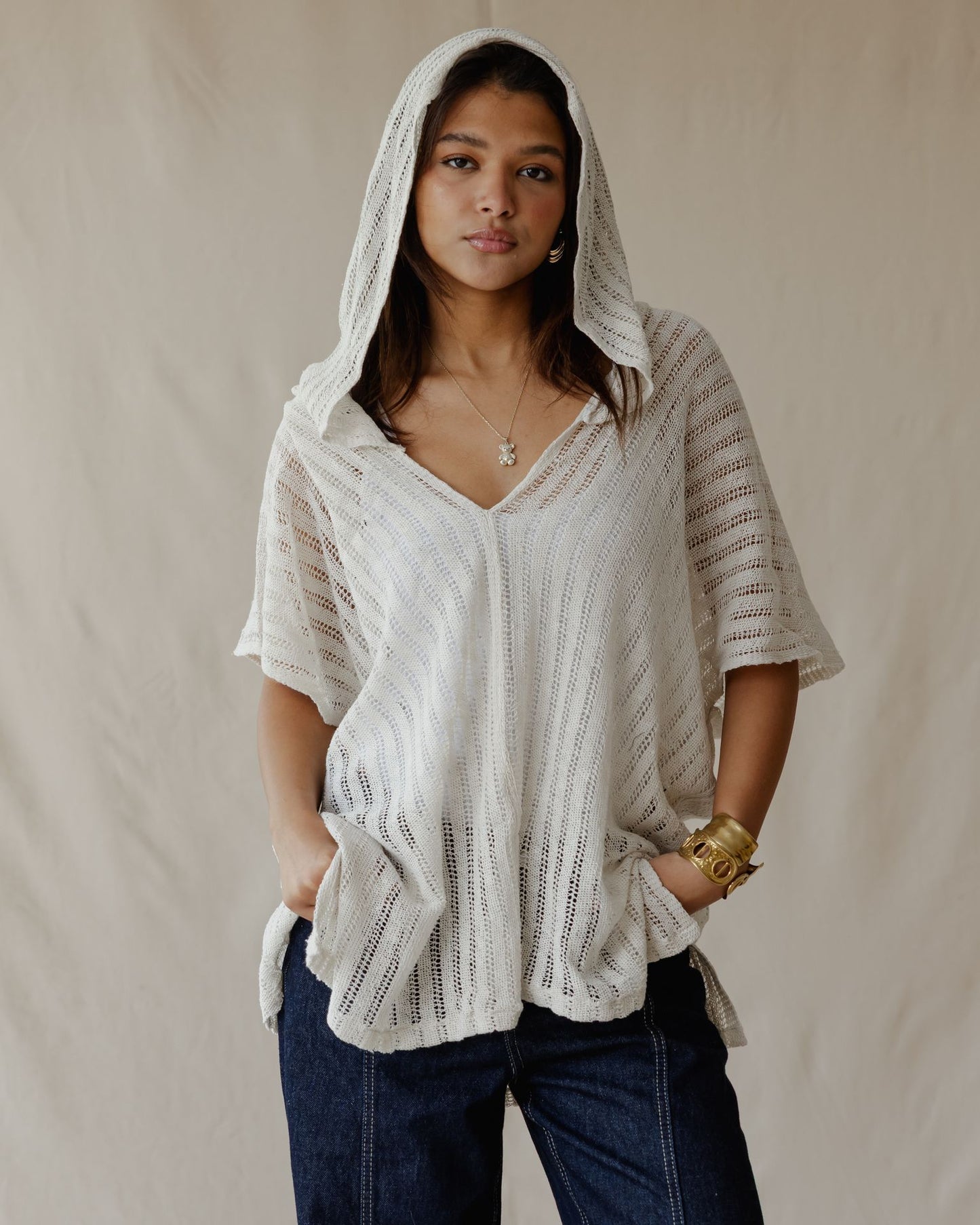 Summer Knit Poncho Off-White