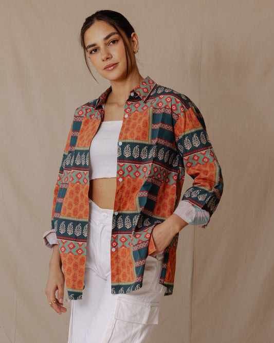 Statement Patchwork Shirt Teal X Orange