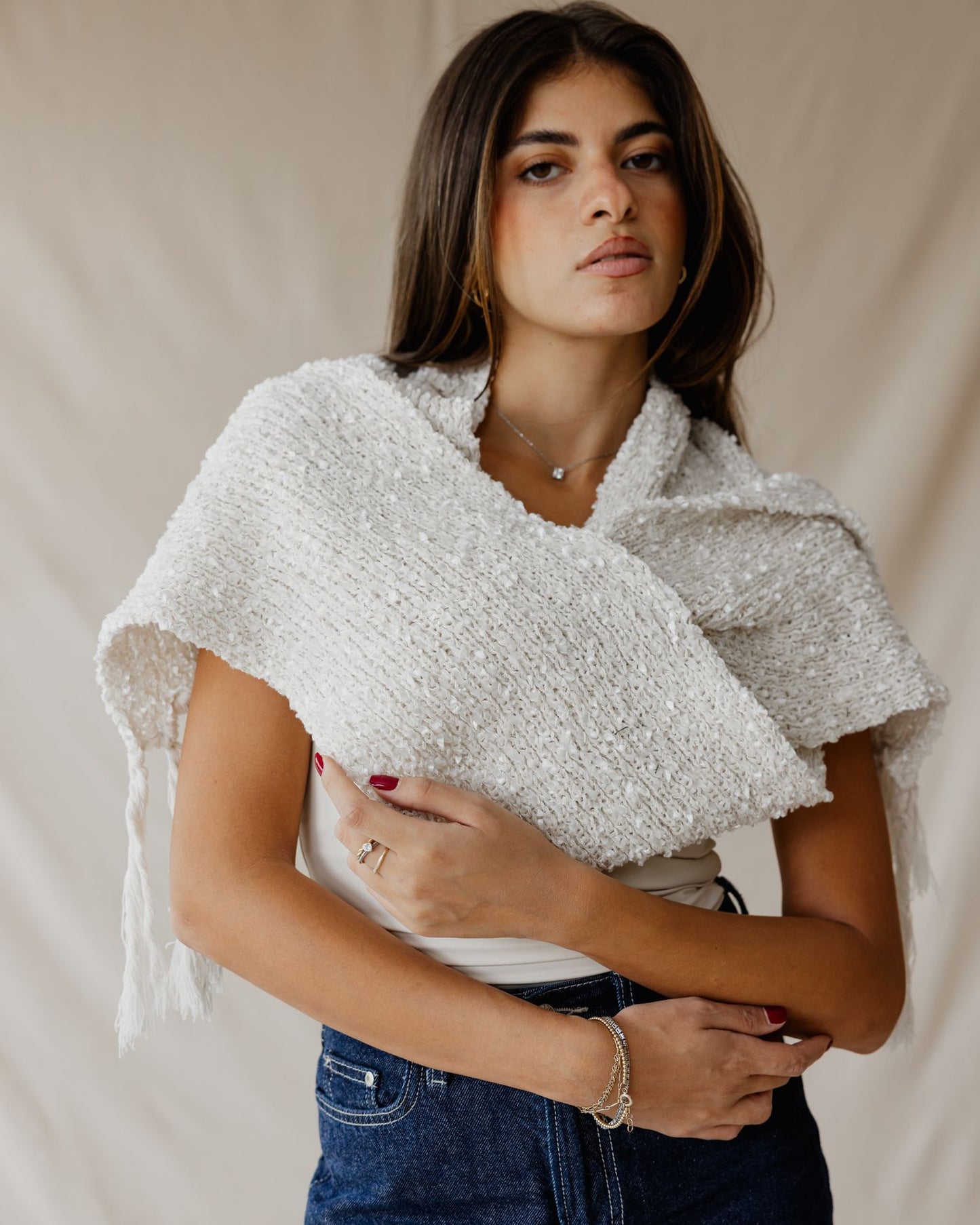 Bouclé Fringe Cream Scarf