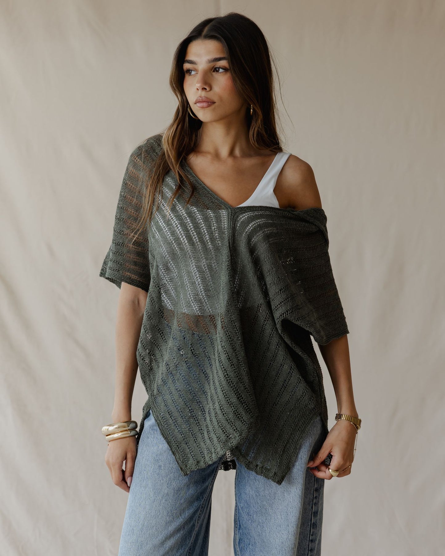 Summer Knit Poncho Olive
